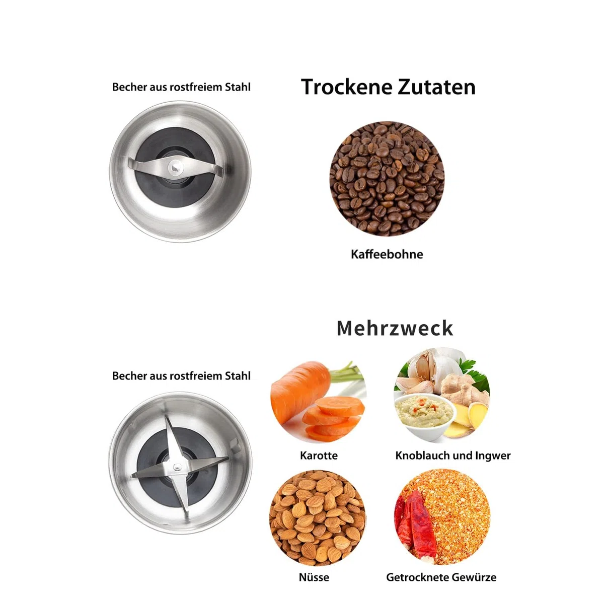 DR MILLS DM-7412M Elektrische Gewürz- und Kaffeemühle, Mühle und Hackmesser, abnehmbarer Becher, abwaschfreier Messer sowie anwaschfreie Tasse bestehen aus SUS304 rostfreiem Stahl