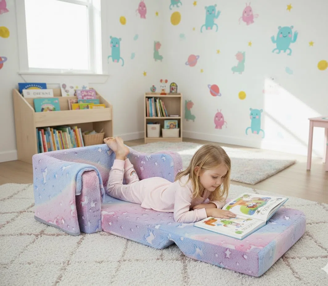 Kindersofa Ausklappbar 2-in-1, Schlafsofa Leuchtend im Dunkeln für Jungen und Mädchen, Weiche Kindersessel mit Decke für Leseecke, Einhorn