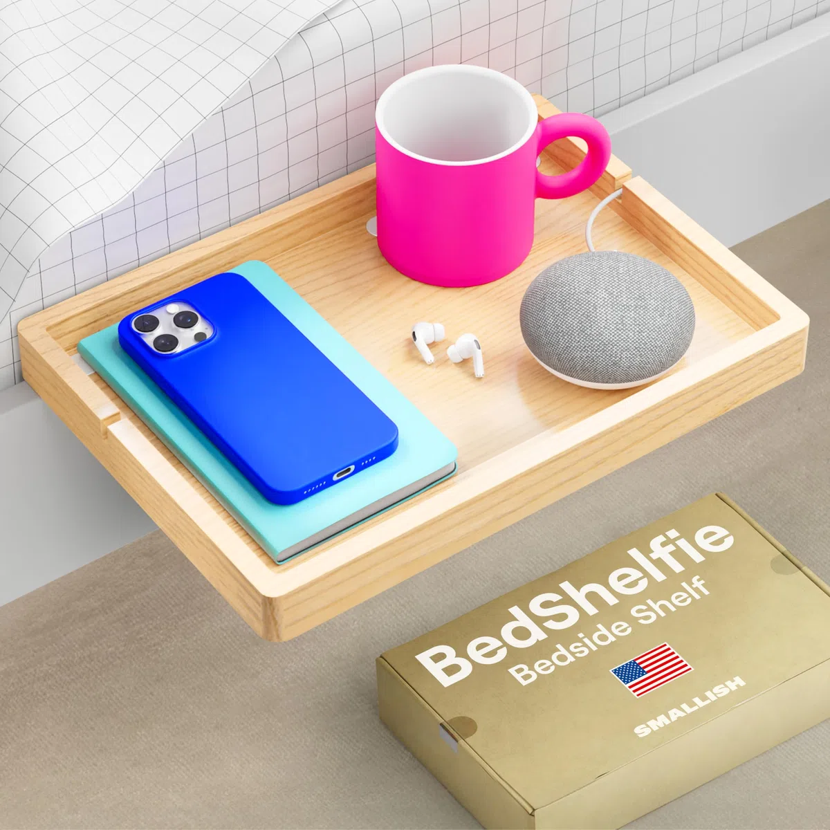 BedShelfie Bettseitiges Nachttischregal für Etagen- & oberes Bett, Studentenwohnheim Essentials, Hochbett-Nachttisch, schwebendes Bettablage-Tablett, Wohnheim-Deko von Smallish - Flexfit Modell, Natur