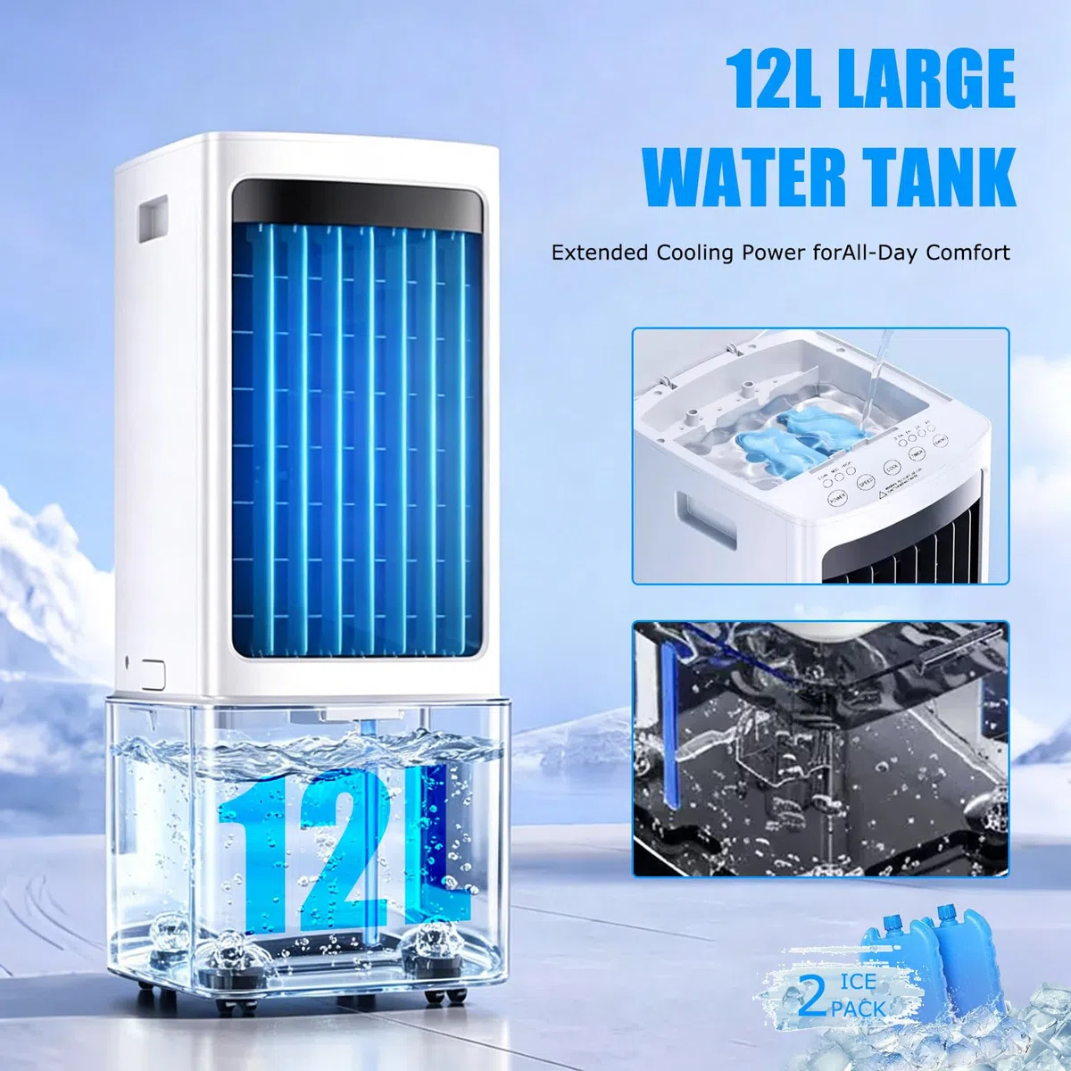 Tragbare mobile Klimaanlage (12 Liter), 3 Geschwindigkeitsstufen, Verdunstungskühler mit abnehmbarem Wassertank, Fernbedienung, 7,5-Stunden-Timer, fahrbares Verdunstungskühlgerät für Zuhause und Bür
