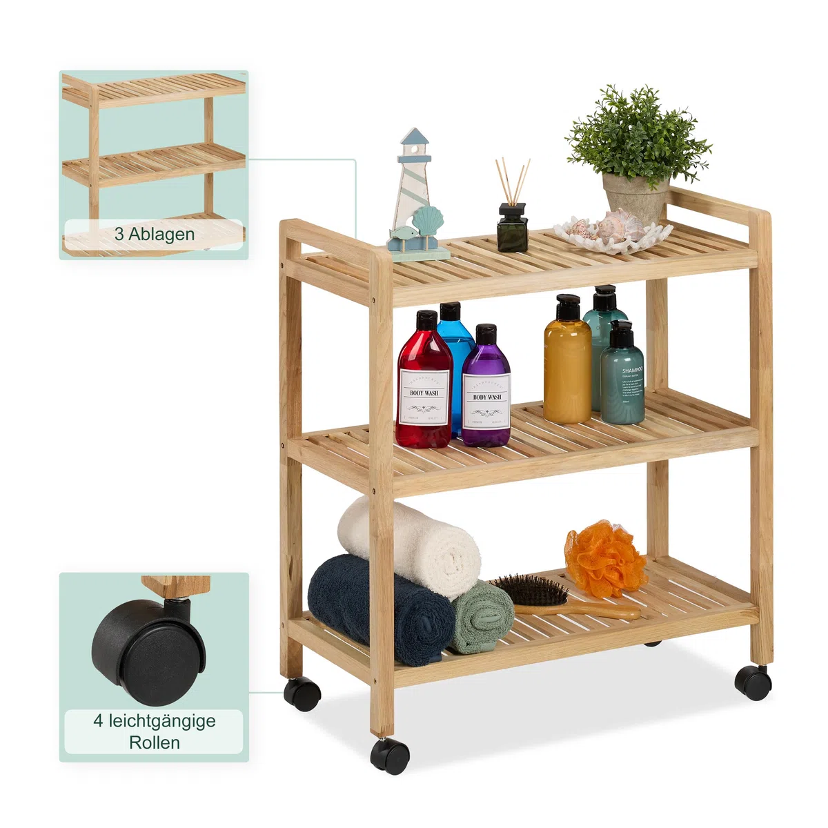 Relaxdays Badregal, Holz, HxBxT: 72 x 65 x 31 cm, Holzregal mit Rollen, 3 Ablagen, Regal für Badezimmer & Küche, Natur