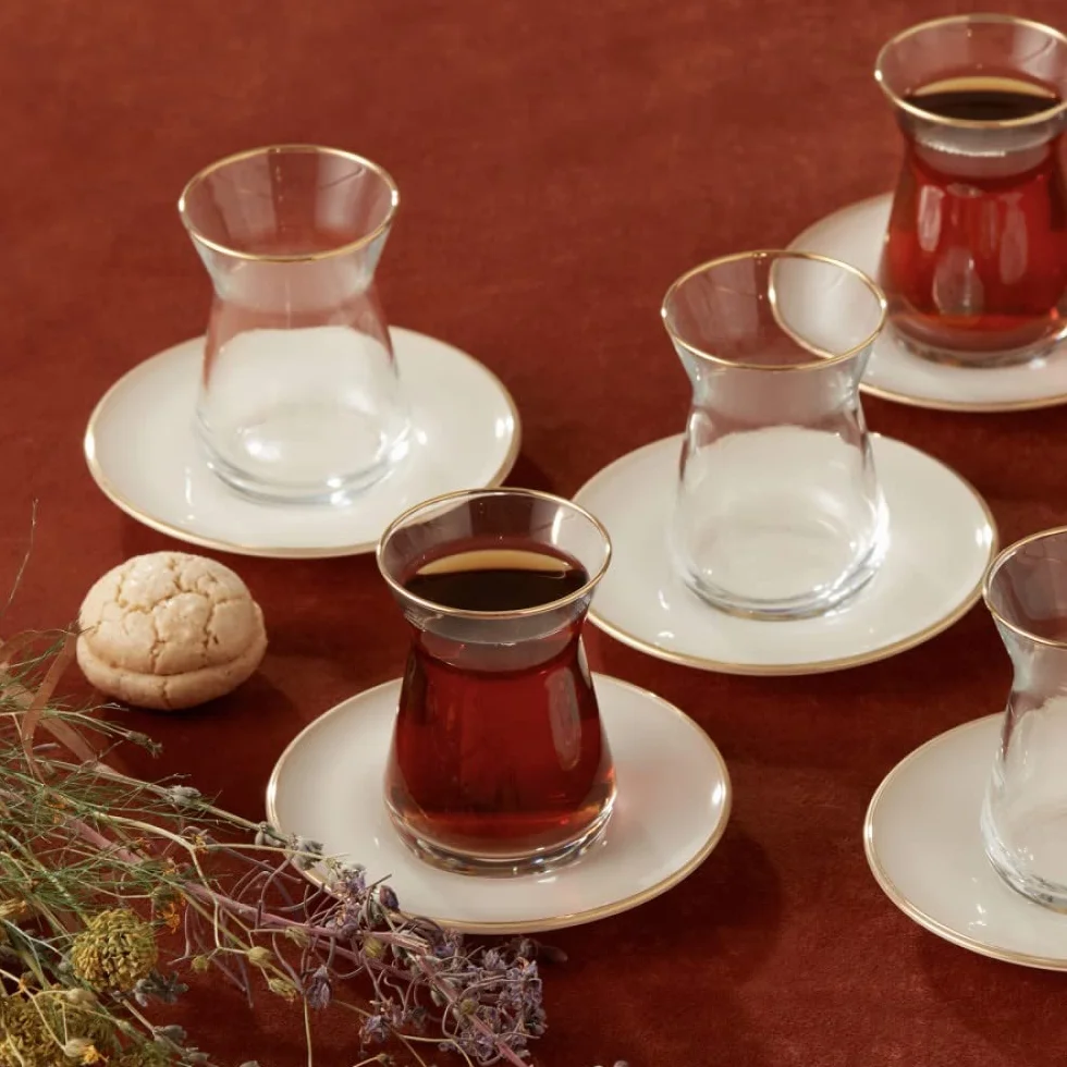 Karaca Retro Beige Teeset Für 6 Personen Teeservice,6x Türkische Teegläser Mit Untertasse, Cay Bardagi Seti, Türkischer Tee, Glas, Cay Seti, Teeteller, Tea