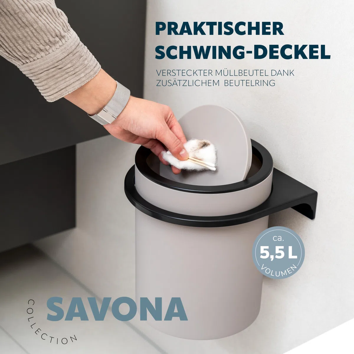 bremermann runder Kosmetikeimer SAVONA mit Softtouch-Oberfläche inkl. Wandhalterung zum Kleben oder Bohren mit Schwingdeckel, Abfalleimer aus Kunststoff, 5,5 Liter Fassungsvermögen (Taupe)