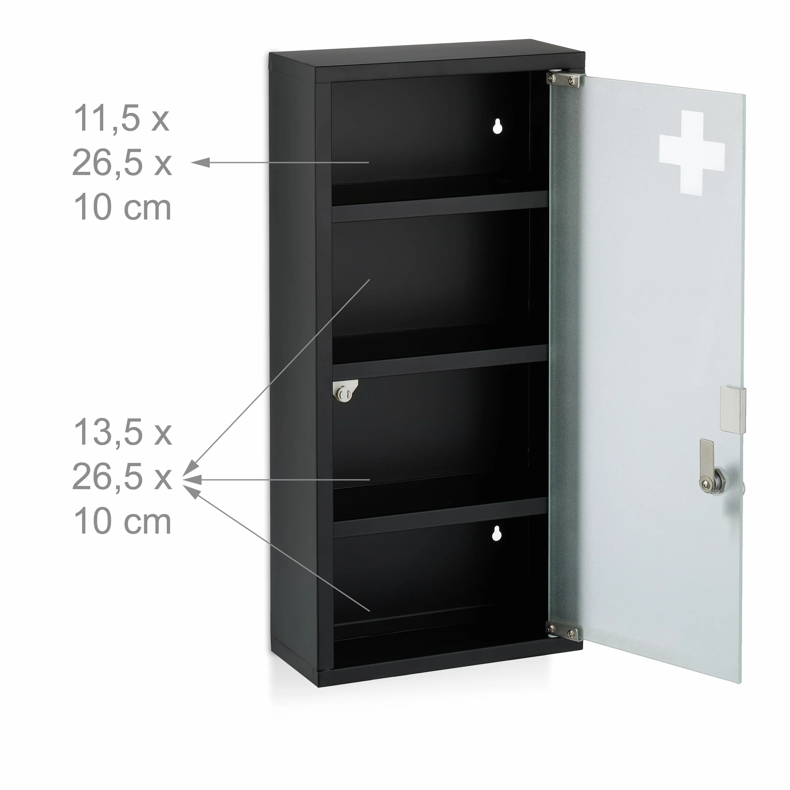 Relaxdays Medizinschrank, 4 Fächer, HxBxT: 57 x 27 x 12 cm, abschließbarer Medikamentenschrank, Stahl, Glastür, schwarz