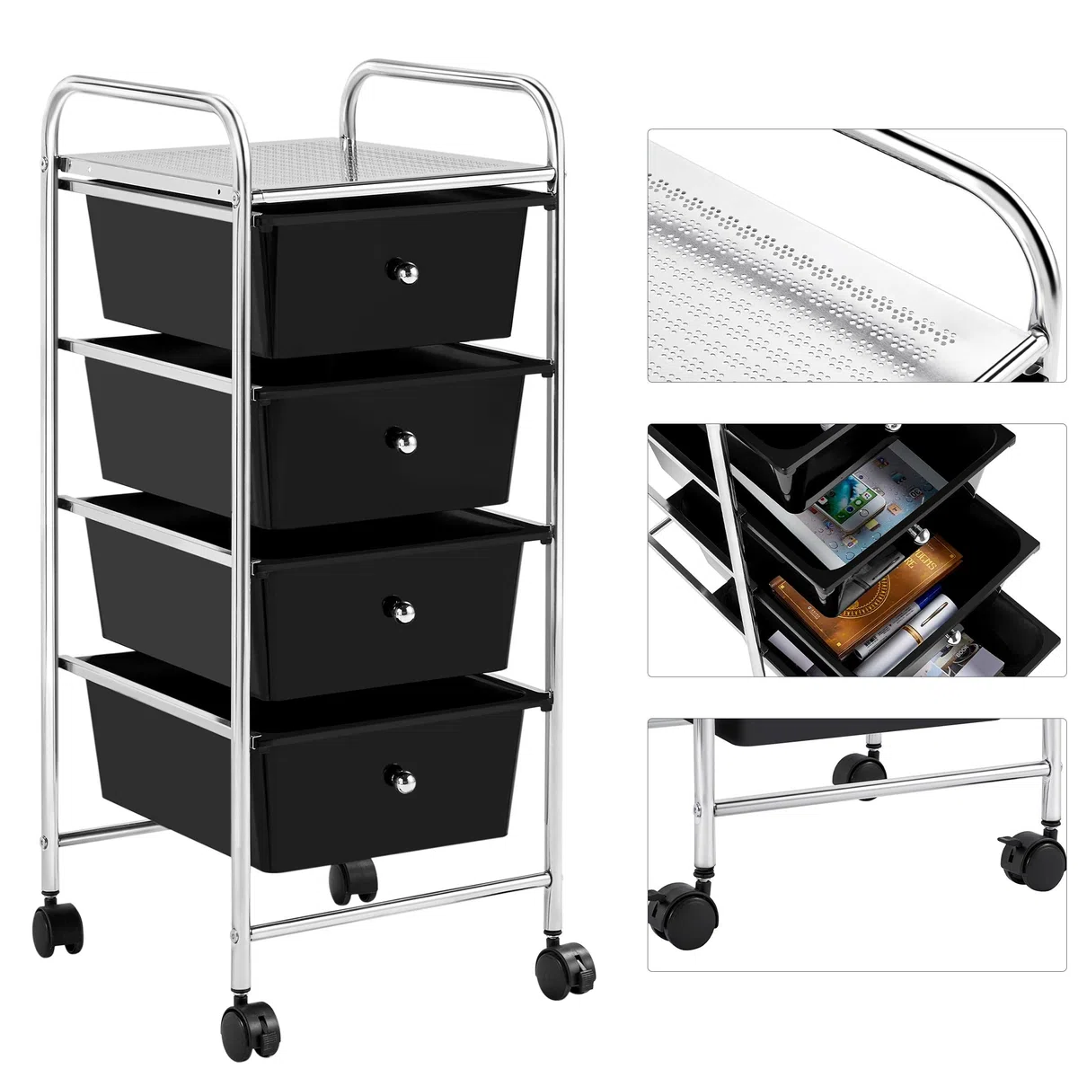 Yaheetech Badrollwagen Badezimmerwagen Rollcontainer mit 4 stapelbaren Schubladen, Rollwagen aus Metall und Kunststoff, Schubladenwagen für Küche Bad Büro Schlafzimmer Schwarz