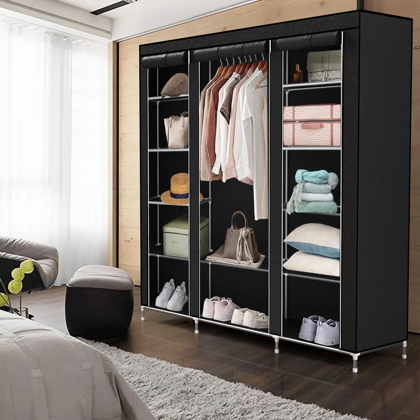 INTIRILIFE Faltschrank 150x175x45 cm in Raben SCHWARZ - mit Reißverschluss Stoffschrank Kleiderschrank mit Kleiderstange, Fächern und Seitentasche - Camping Steckschrank Textil Garderobe