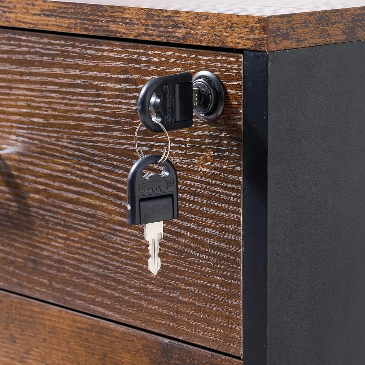 SDHYL Abschließbarer Aktenschrank mit 3 Schubladen Mobile Kommode Büroschrank auf Rollen Industriestil Braun/Schwarz