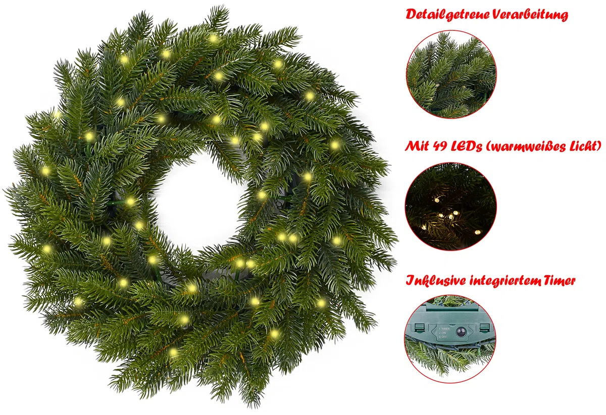 Türkranz mit Beleuchtung Ø40cm-49 LEDs-Klassischer Beleuchtet-Adventskranz, Künstlicher Weihnachtskranz, Hängekranz, Weihnachten für Innen und Außen-Batteriebetrieben, Grün