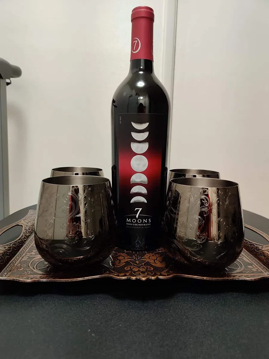 SKY FISH Stiellose Weingläser aus Edelstahl, Geätzte Edelstahl-Gläser, 4 Stück Gin Gläser, 500ml, Handwäsche, Schwarz