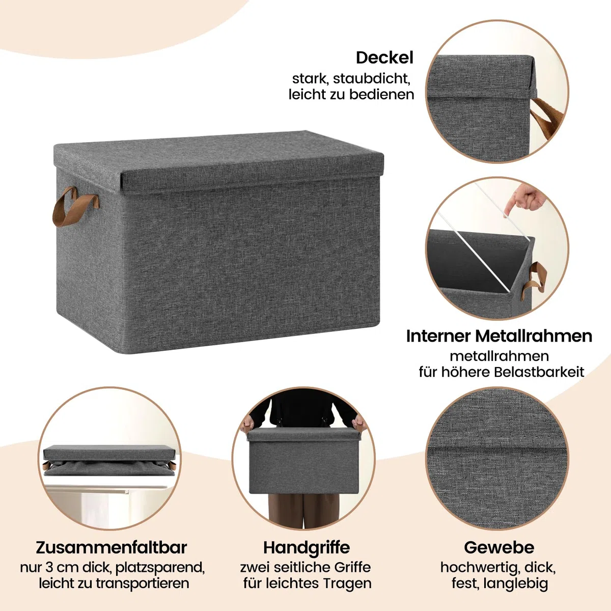 WOLTU Aufbewahrungsbox mit Deckel 5 Stück, aus Polyesterstoff, für Schlafzimmer, Arbeitszimmer, Wohnzimmer, Organizer Box mit Griffen, faltbar, Grau, 43x33x26 cm