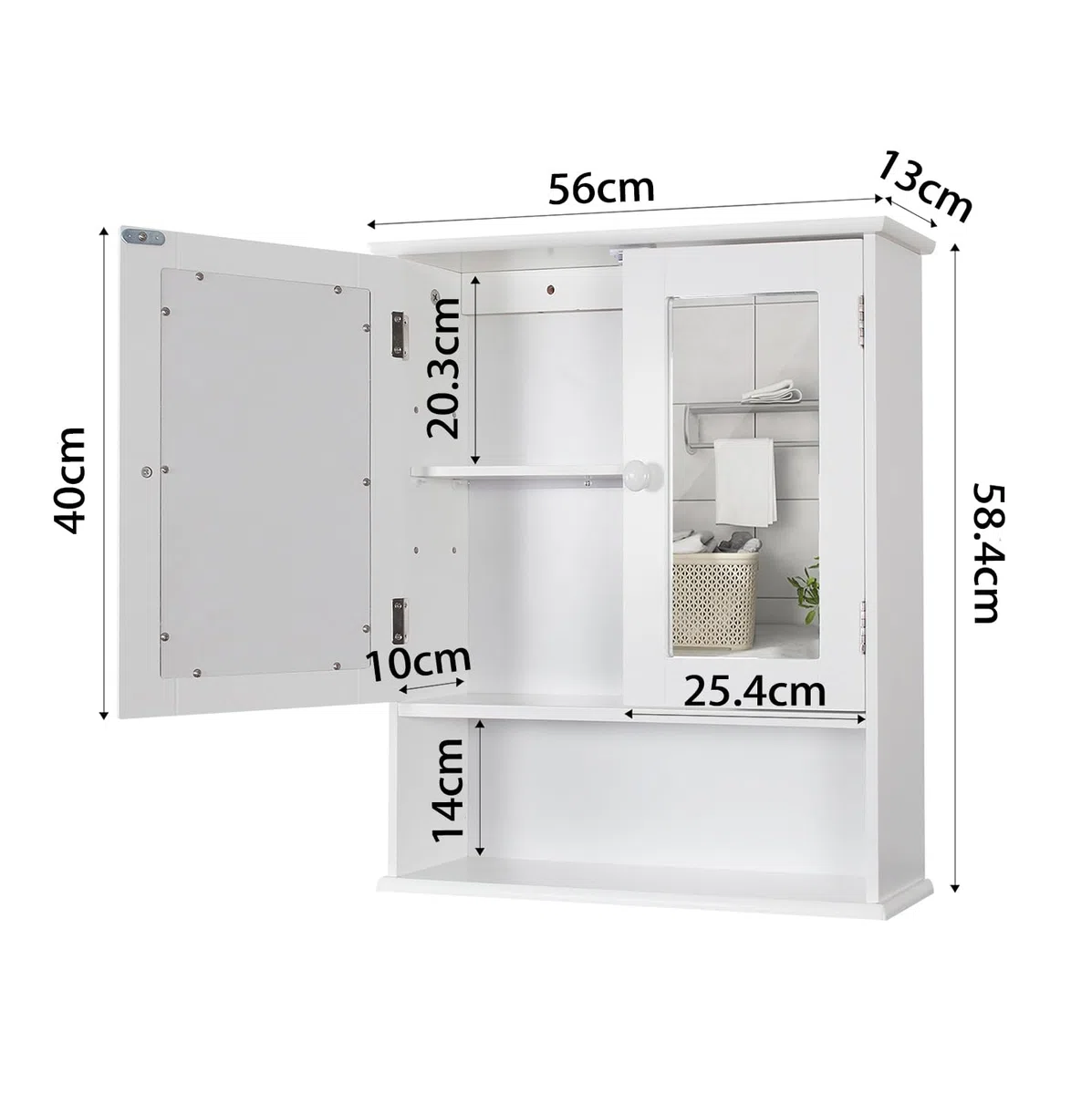 Spiegelschrank, Badezimmerschrank,Spiegelschrank Bad,Badezimmerschrank Hängend Hängeschrank Bad,Badschrank mit 2 Spiegeltüren und offenem Fach,Hölzerner Bathroom Cabinet,13 x 56 x 58 cm,Weiß