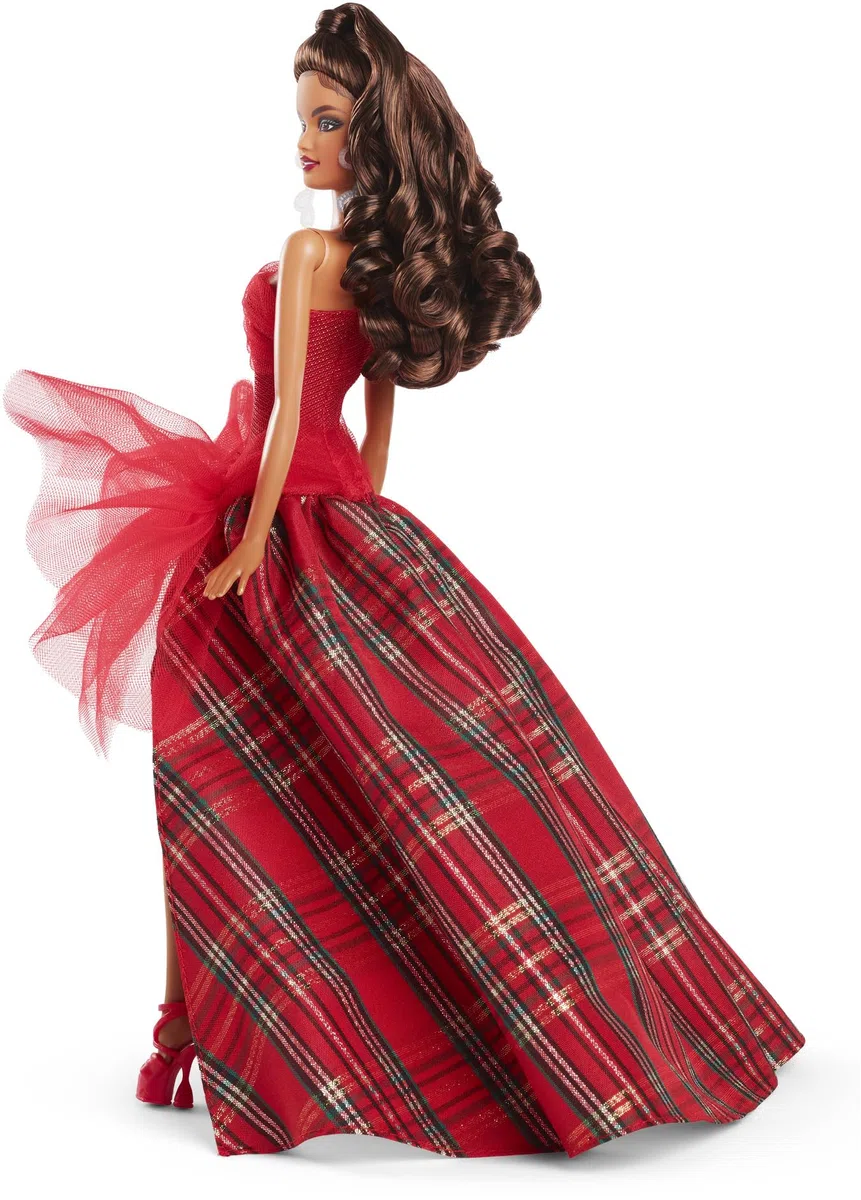 Barbie Holiday Puppen, saisonales Sammlergeschenk, Signature, Kariertes Kleid mit roter Schleife, vorzeigbare Verpackung, hellbraunes Haar, HRM67