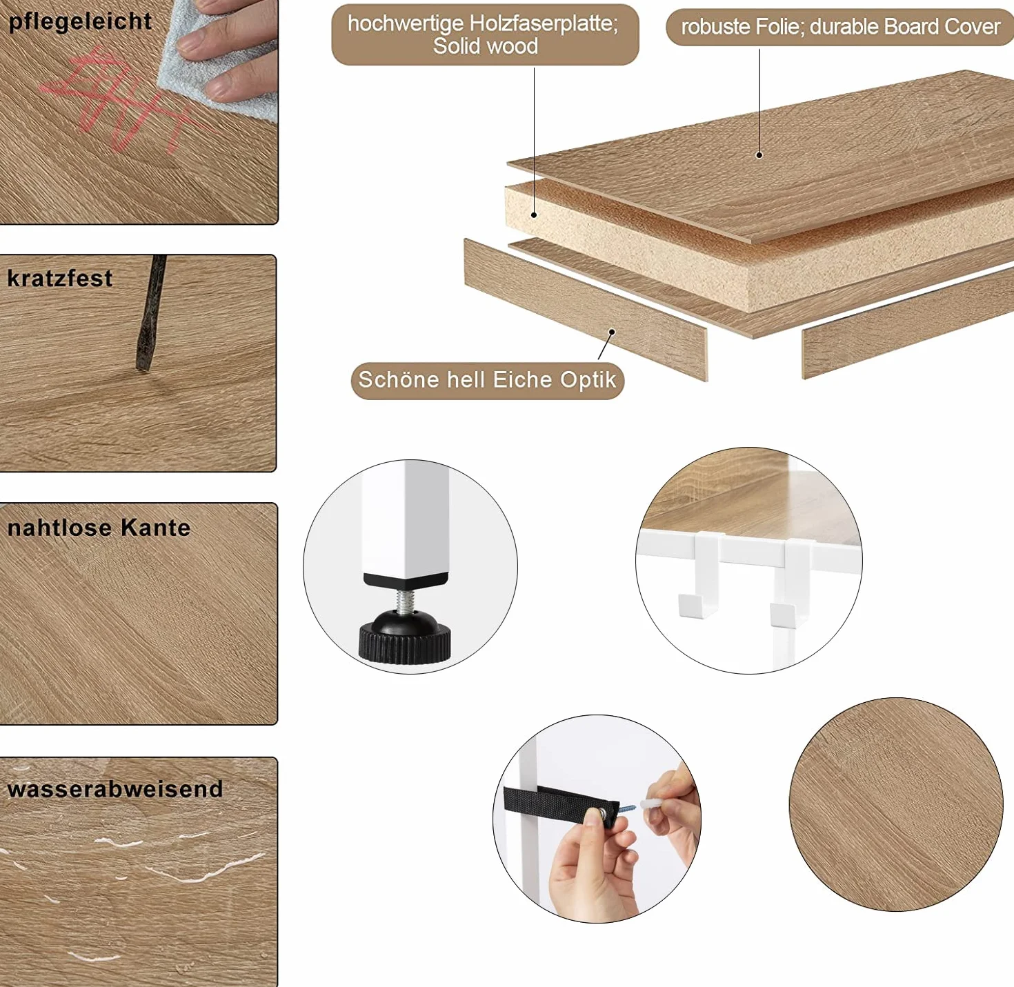 WOLTU Lagerregal mit 5 Ebenen, Küchenregal mit 4 Haken, Bücherregal im Industriestil, Standregal im Wohnzimmer Küche, Regal aus MDF Metall, schmales Leiterregal weiß 40x 170x36 cm RGB9289whe