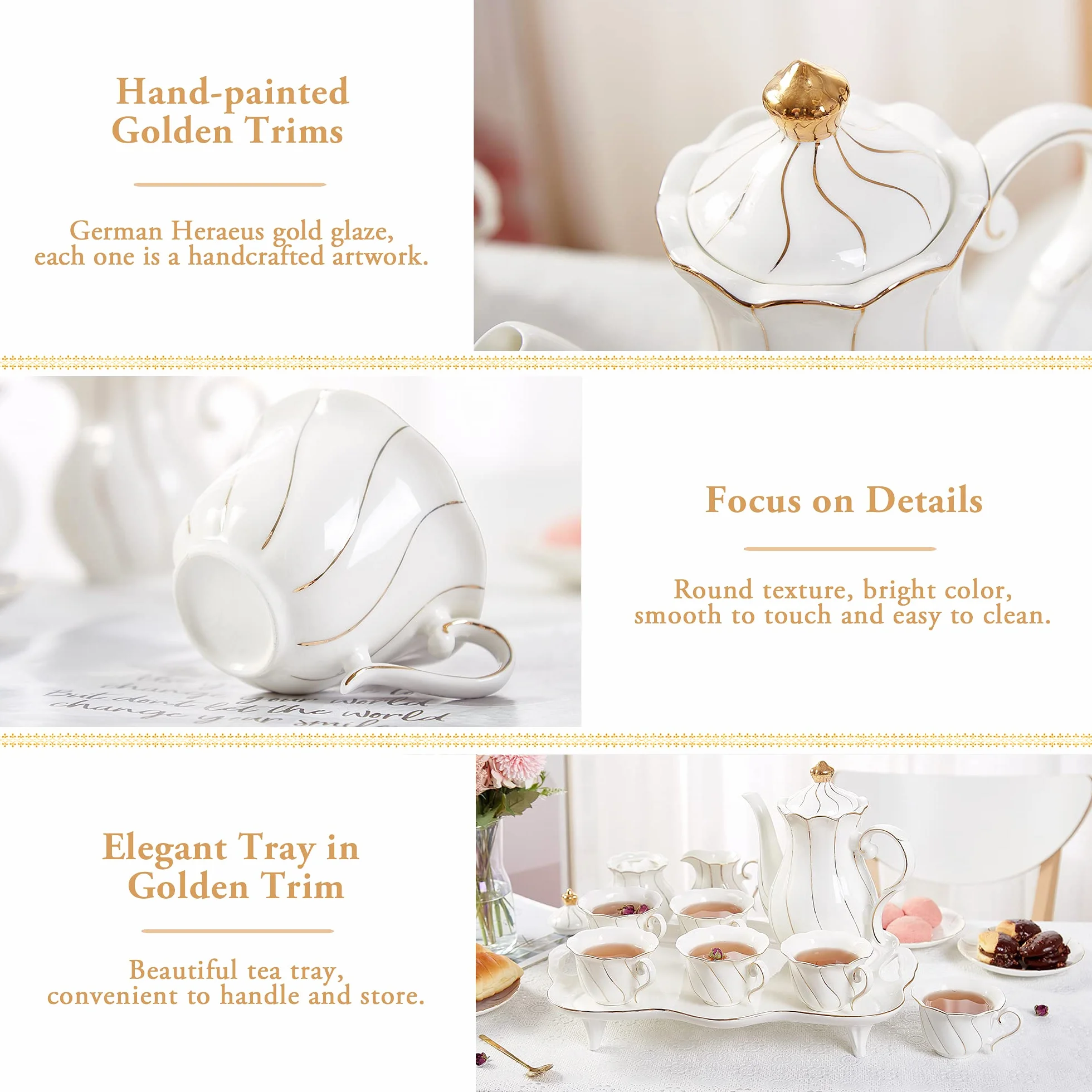 DUJUST 14 Teiliges Teeservice mit 6 Tabletts und -Löffeln, Luxuriöses Kaffeetassen-Set im Britischen Stil mit Goldenem Rand, Schönes Porzellan-Tee-Set, Tee-Party-Set, Geschenkpaket - Weiß