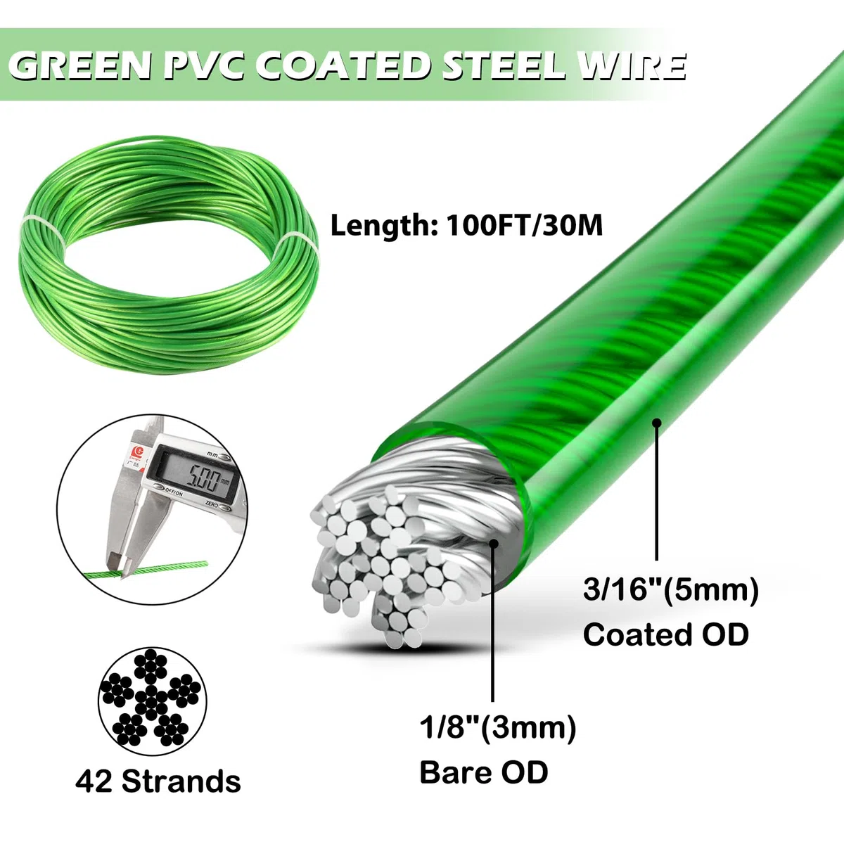 5MM Drahtseil 30 m PVC Ummanteltes Stahlkabel, Multi-use Clothes Line Kabel für T Post | Kletternde Weinreben Pflanzen im Freien | String Licht hängenden Kit