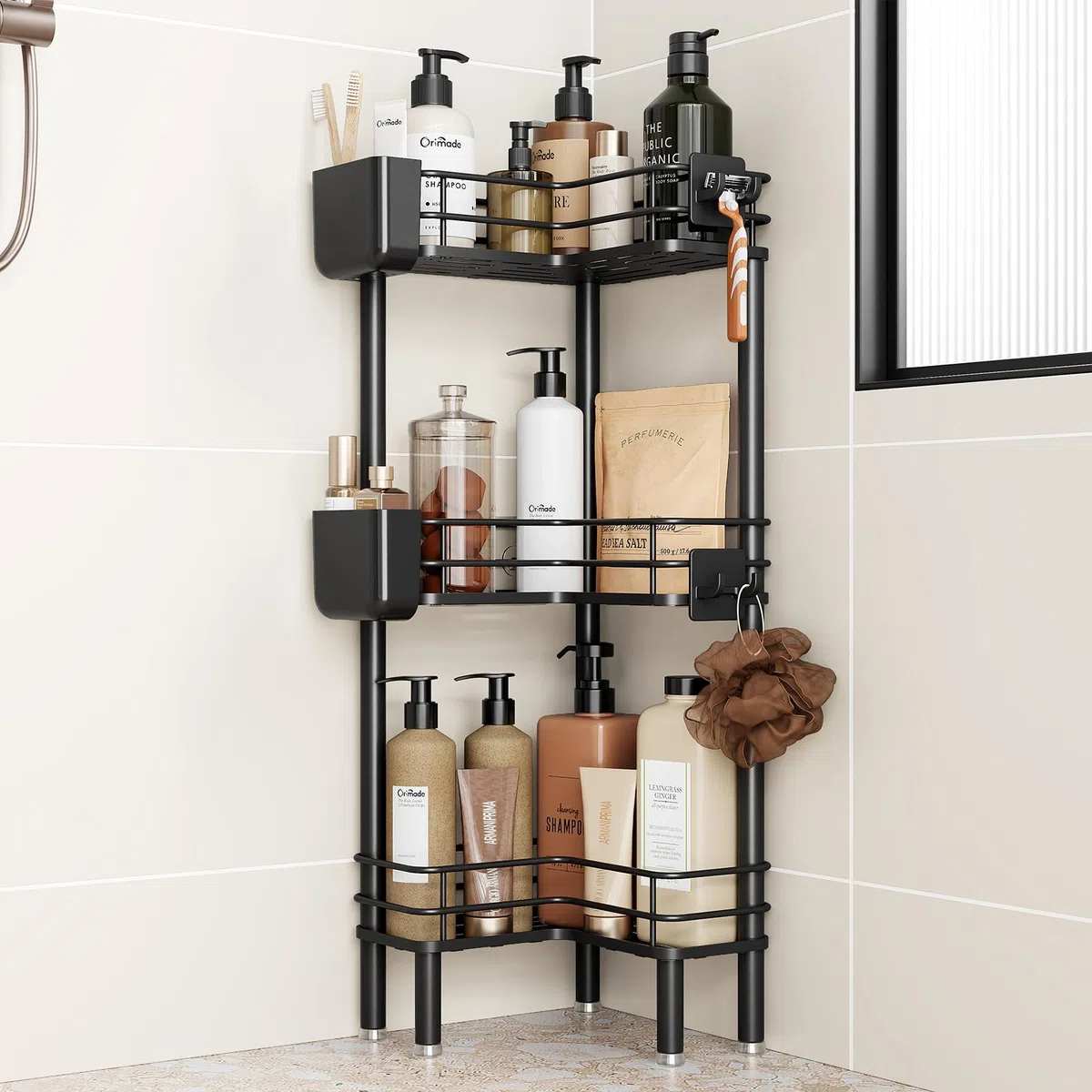 Orimade 3 Stück Duschregal Stehend Rostfrei,Ecke Duschablage Freistehende, Duschablage ohne Bohren für Badezimmer Schwarz