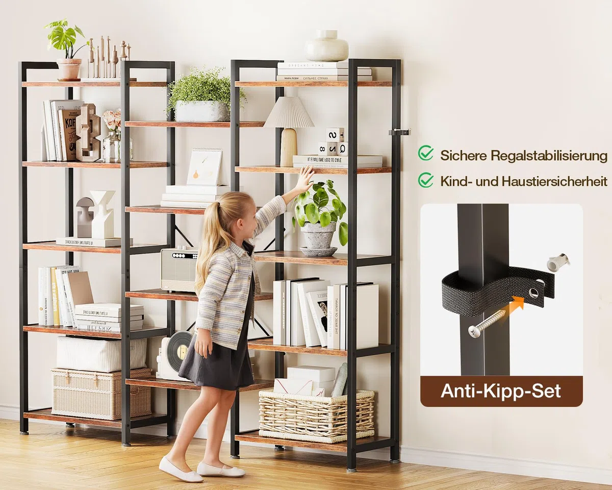 Coleshome Bücherregal mit 14 Ablagen Metallrahmen, 5 Etagen, Industrie-Design, Raumtrenner Regale mit Stauraum, 24 x 125.6 x 145.4 cm Standregal für Büro, Wohnzimmer, Schlafzimmer, Küche, Braun