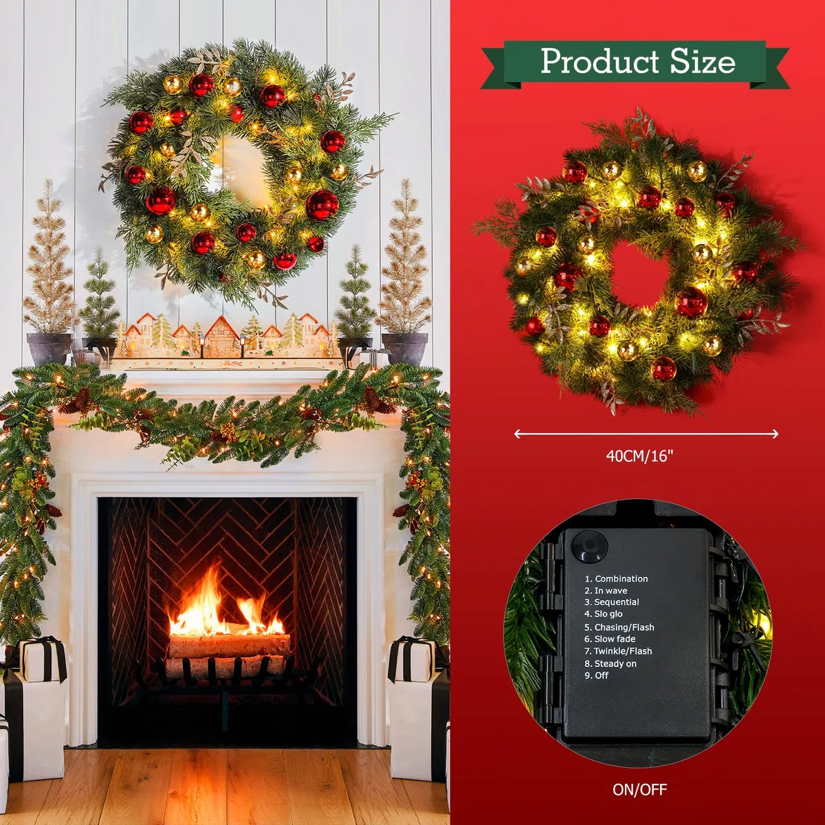 Türkranz Weihnachten Batterie[40LED 40cm] Weihnachtskranz mit Beleuchtung künstlichen Tannennadeln Blätter Rot/Gold Kugeln aus PE Weihnachtsdeko für Haustür Treppe Schaufenster