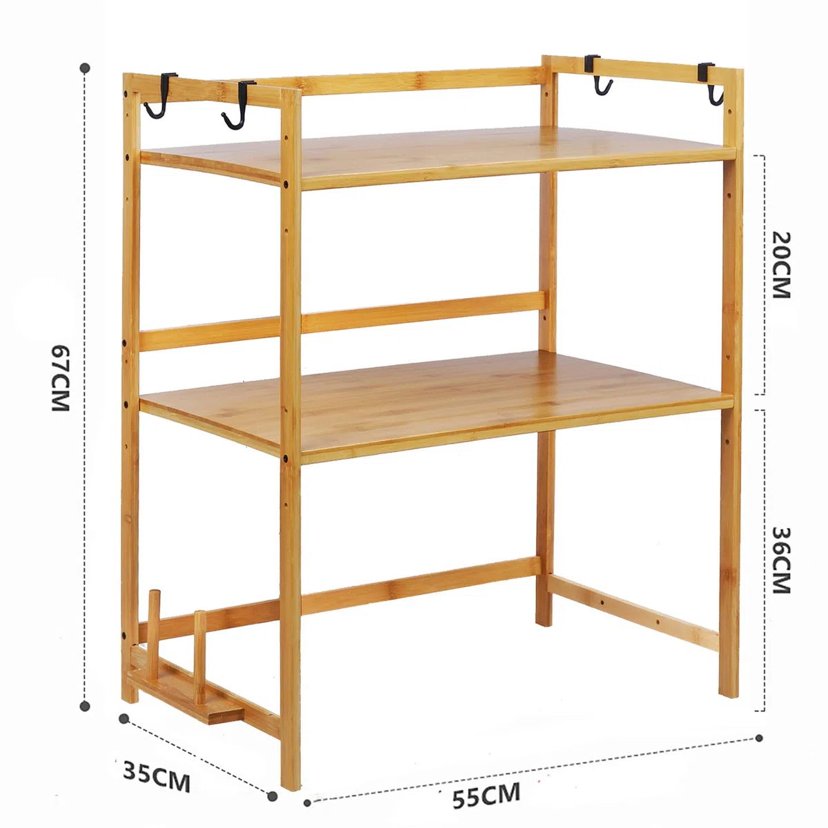 Vinteky Mikrowellen Regal, 2 Ebenen Bamboo Mikrowellenständer Mikrowellenhalte mit 4 Hacken und Schneidebrettständer, Multifunktional Holz Mikrowellenhalterung für Küchen, 35cm*55cm*67cm