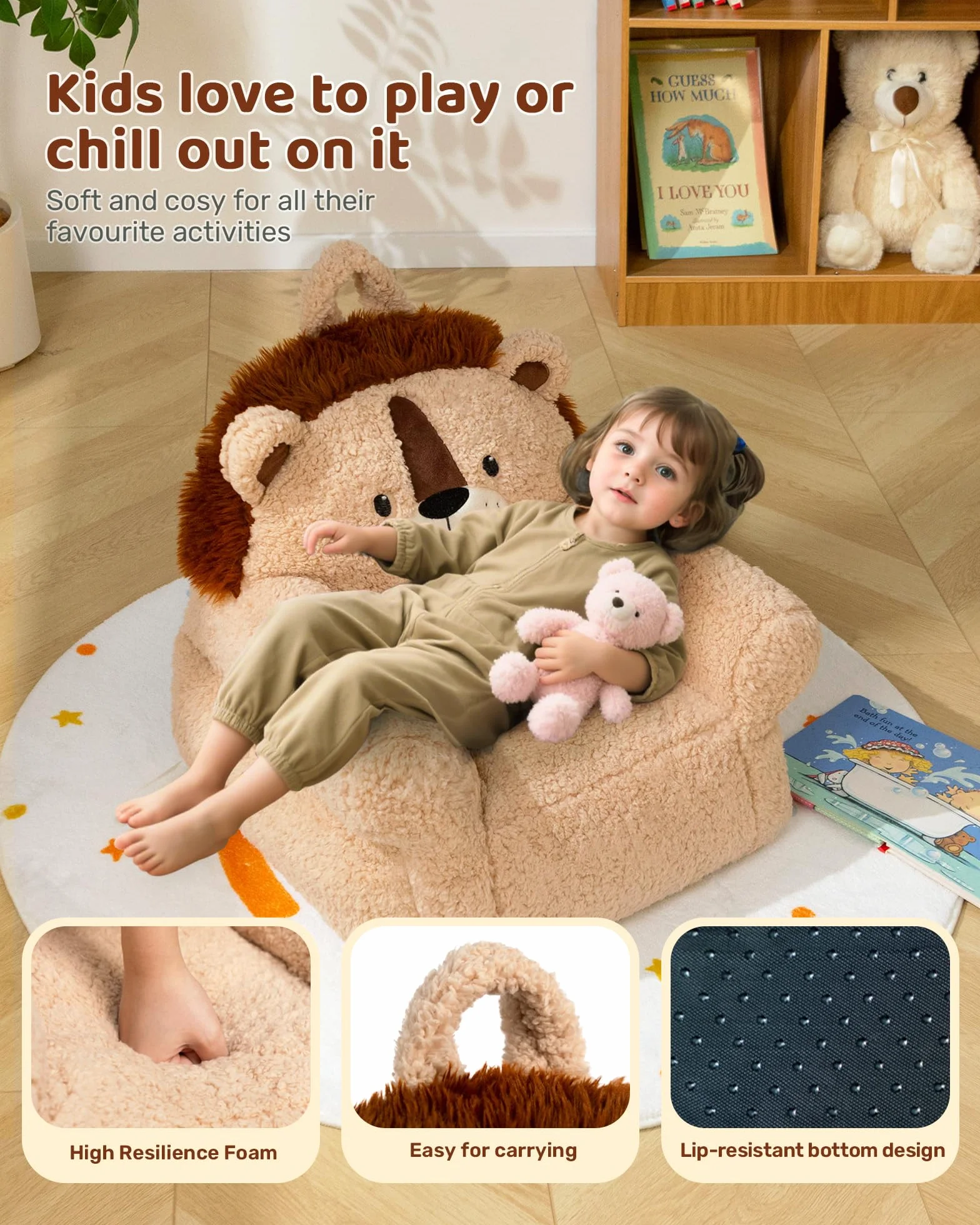BEJOY Bequemer kindersofa, Schaumstoffgefülltes kindersessel, Einzelne kuschelige Sherpa-kindercouch für Jungen und Mädchen, Löwe
