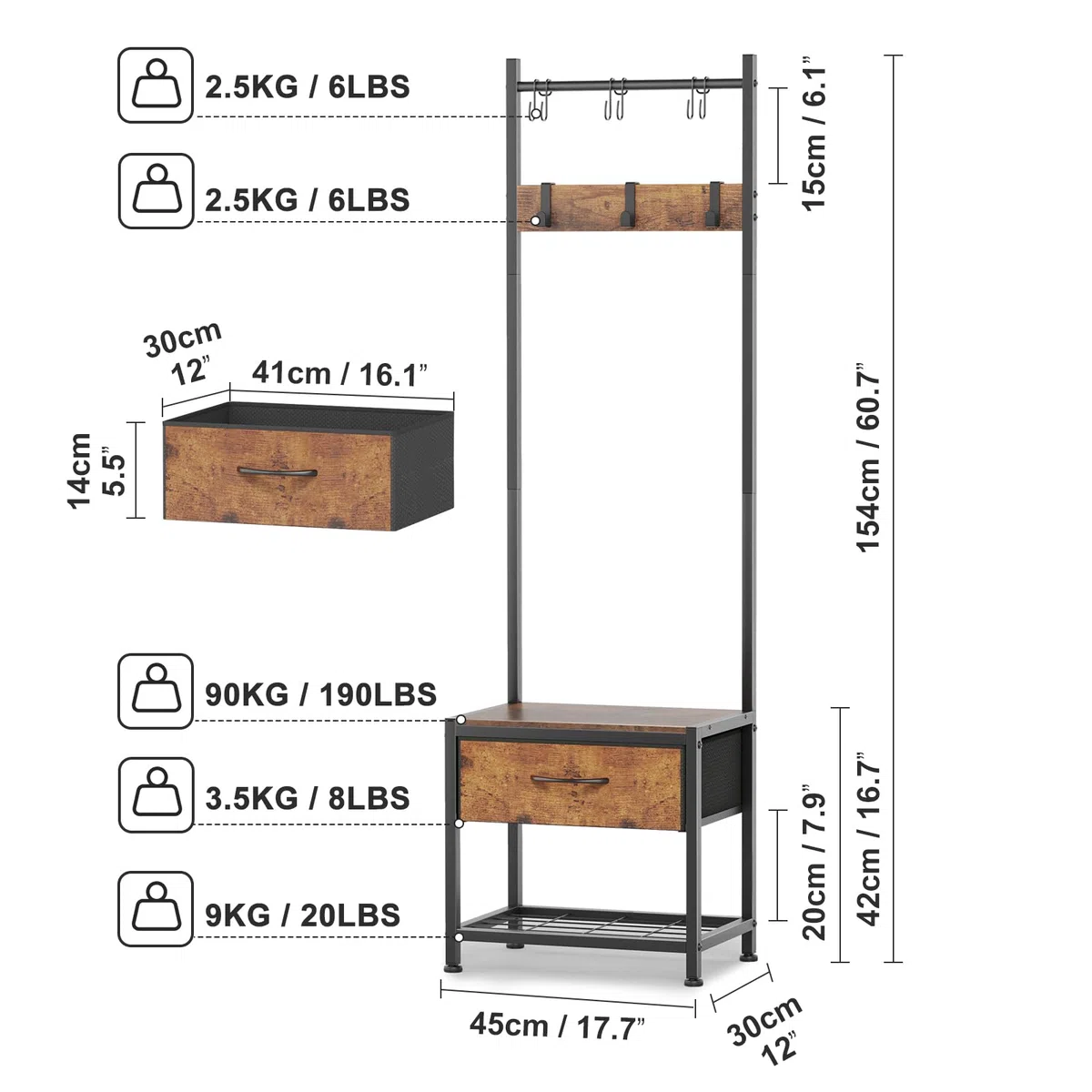 Leader Accessories Garderobenständer mit Bank Platzsparendes Design Metallgarderoben rustikal Kleiderständer 154x30x45cm (HxTxB) Schwarz/Braun