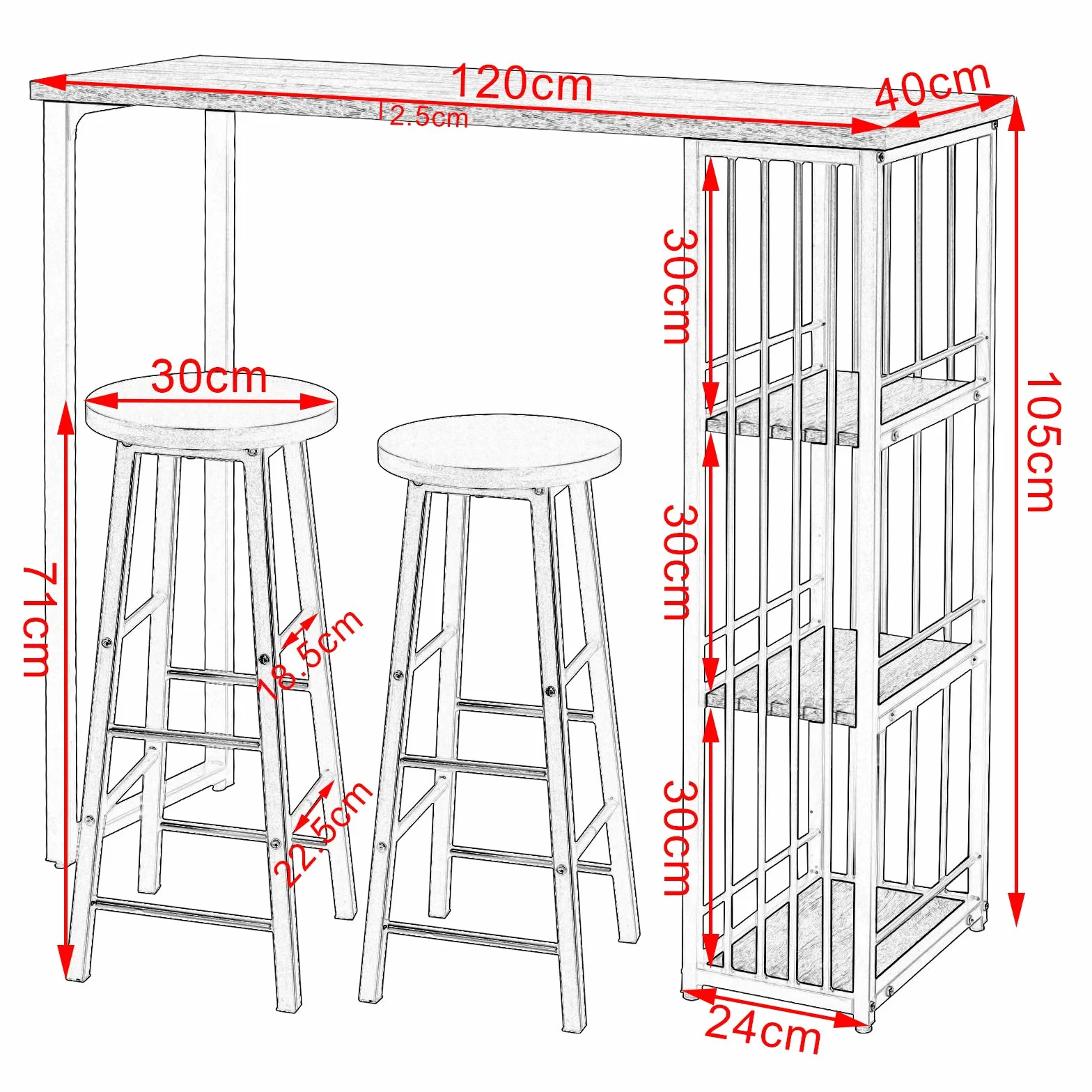 WOLTU Küche Bartisch und 2 Hocker Set Frühstück Esstisch Schwarz Couchtisch Starkes Metallgestell BT26sz+BH130sz-2
