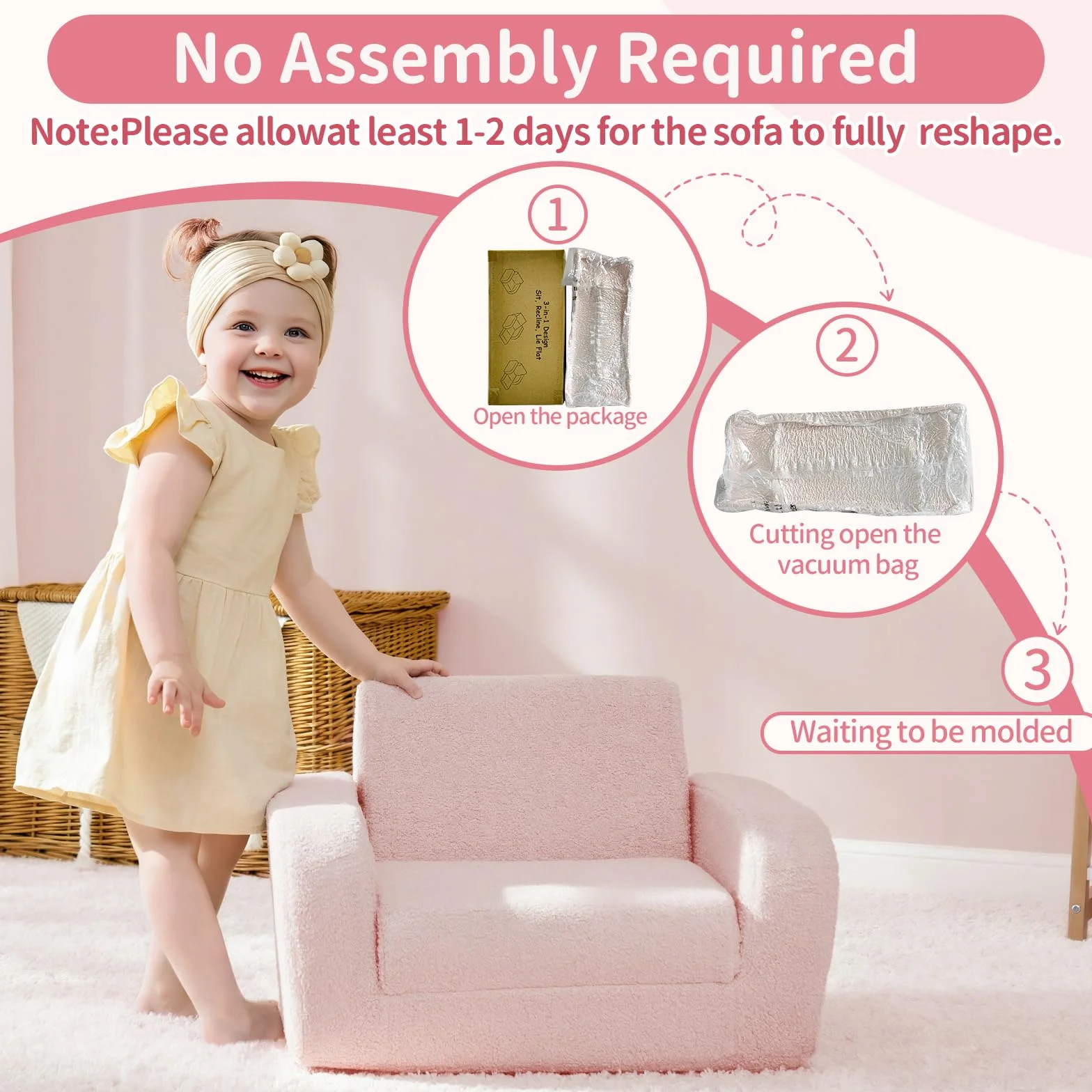 KidBloom 3 in 1 Kindersofa mit Schlaffunktion, Plüsch Kindersofa Ausklappbar, Ergonomischer Kindersessel ab 1 2 3 Jahr (Rosa)