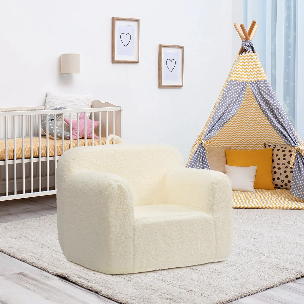 BEJOY Kindersofa - Ultra-Weicher Schaumstoff Gefüllter Kindersessel, Kuscheliger Sherpa Lesecouch für Mädchen und Jungen - Creme