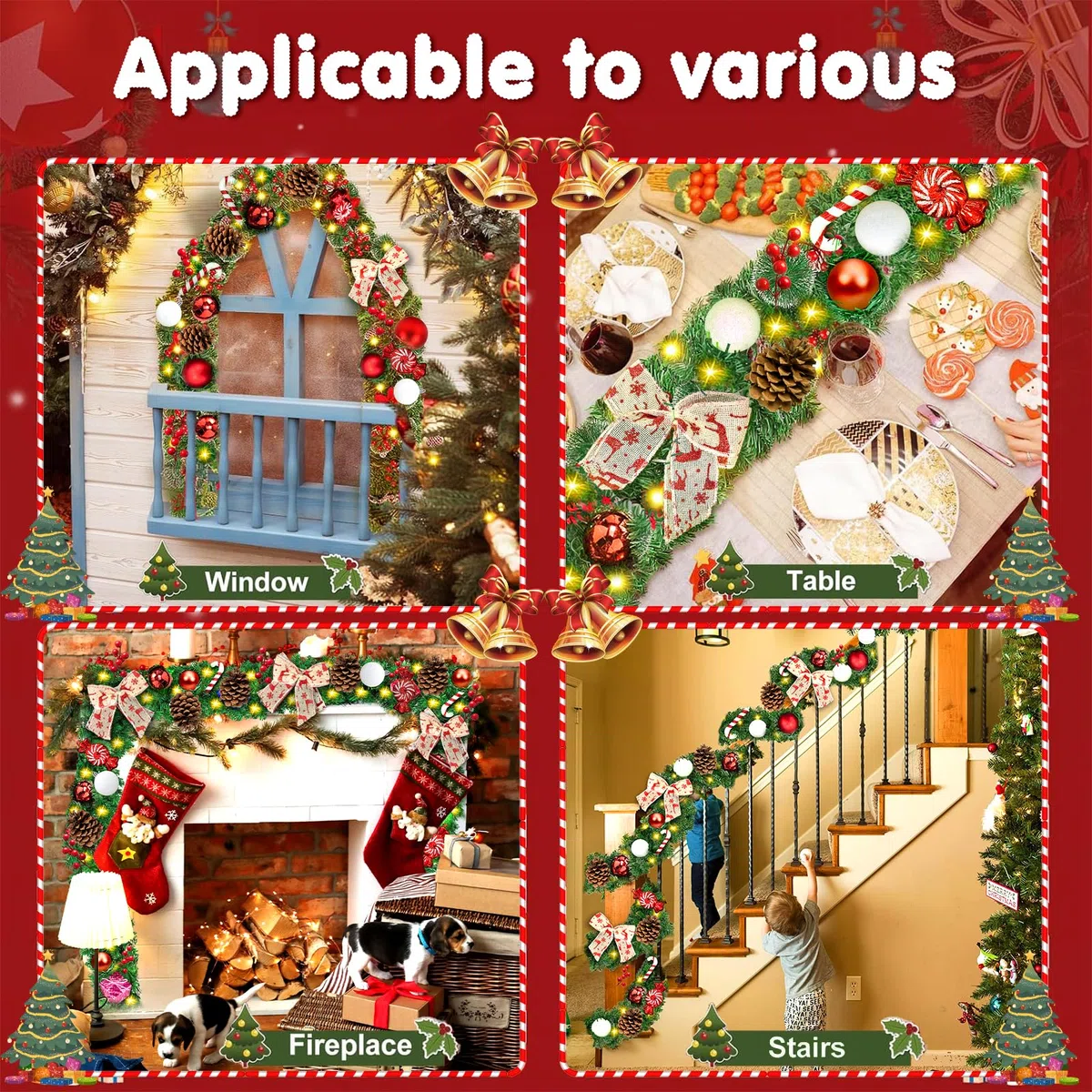 Weihnachtsgirlande 2.7M,mit Beleuchtung 50 LEDs warmweiß, Kommt mit 45 Weihnachtsaccessoires，Künstliche Tannengirlande.Weihnachtsdeko Tannengrün mit Lichterkette & Deko für In- & Outdoor.