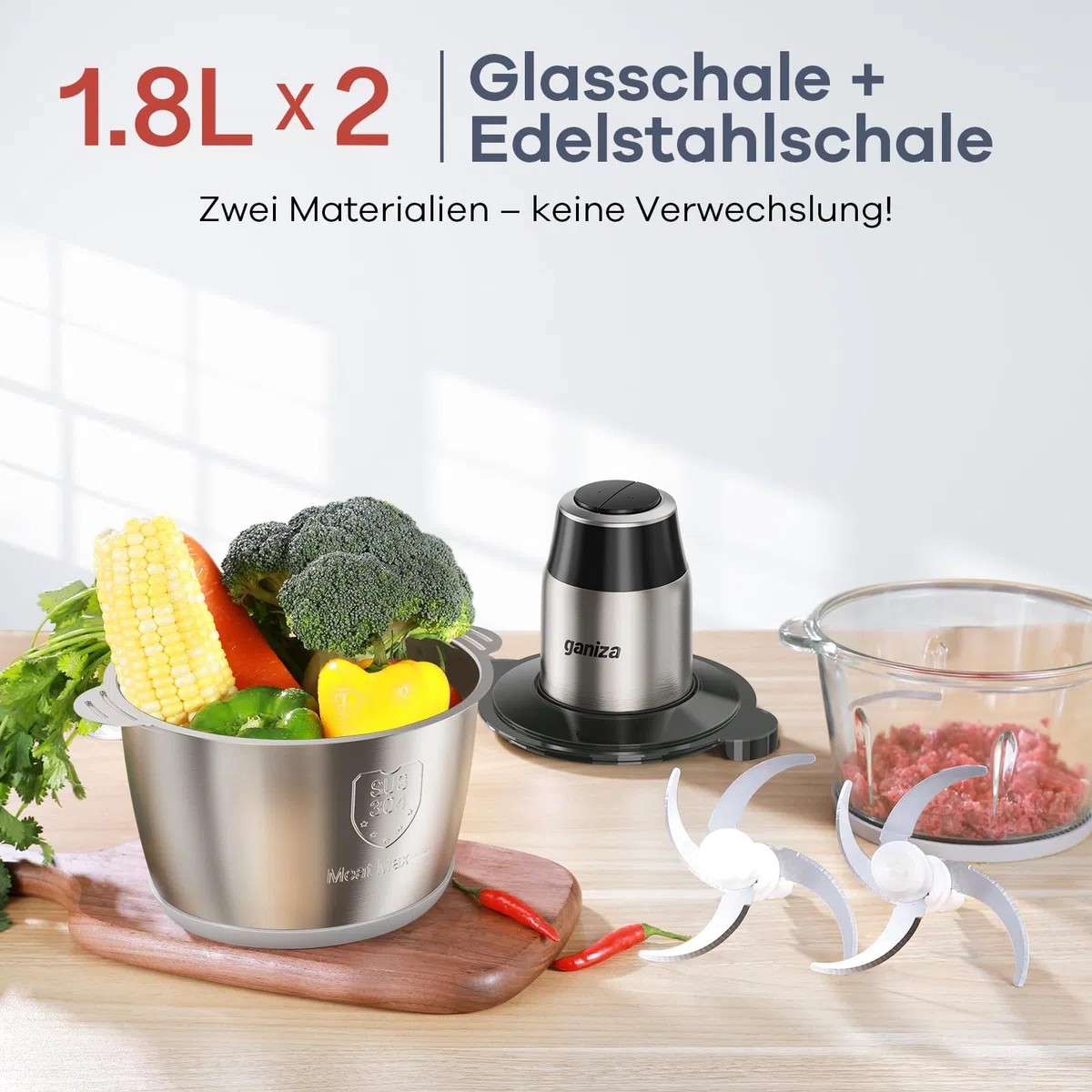Ganiza Zerkleinerer Küche Elektrisch, Food Processor, Fleischwolf mit 2 Schüsseln(1.8L+1.8L), 2 Doppelklingen, 2 Geschwindigkeitsstufen, Multizerkleinerer Elektrisch für Fleisch, Gemüse, Nüsse