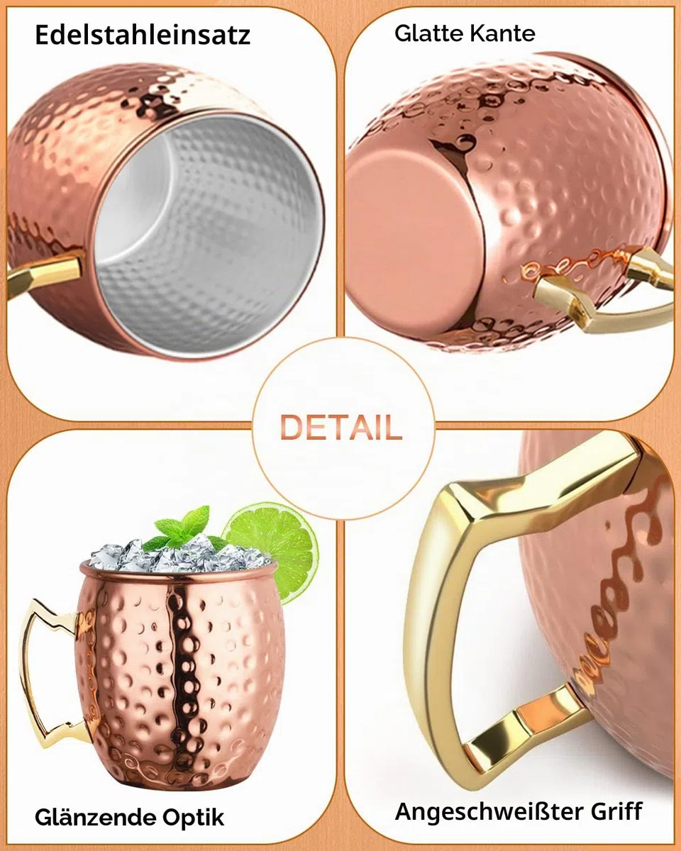 LIVEHITOP 19,5 Oz Moscow Mule Tasse‌ 4er Set, Gehämmerte Kupferbecher mit Jigger für Kaltgetränke, Zuhause, Bar, Party, Geschenk