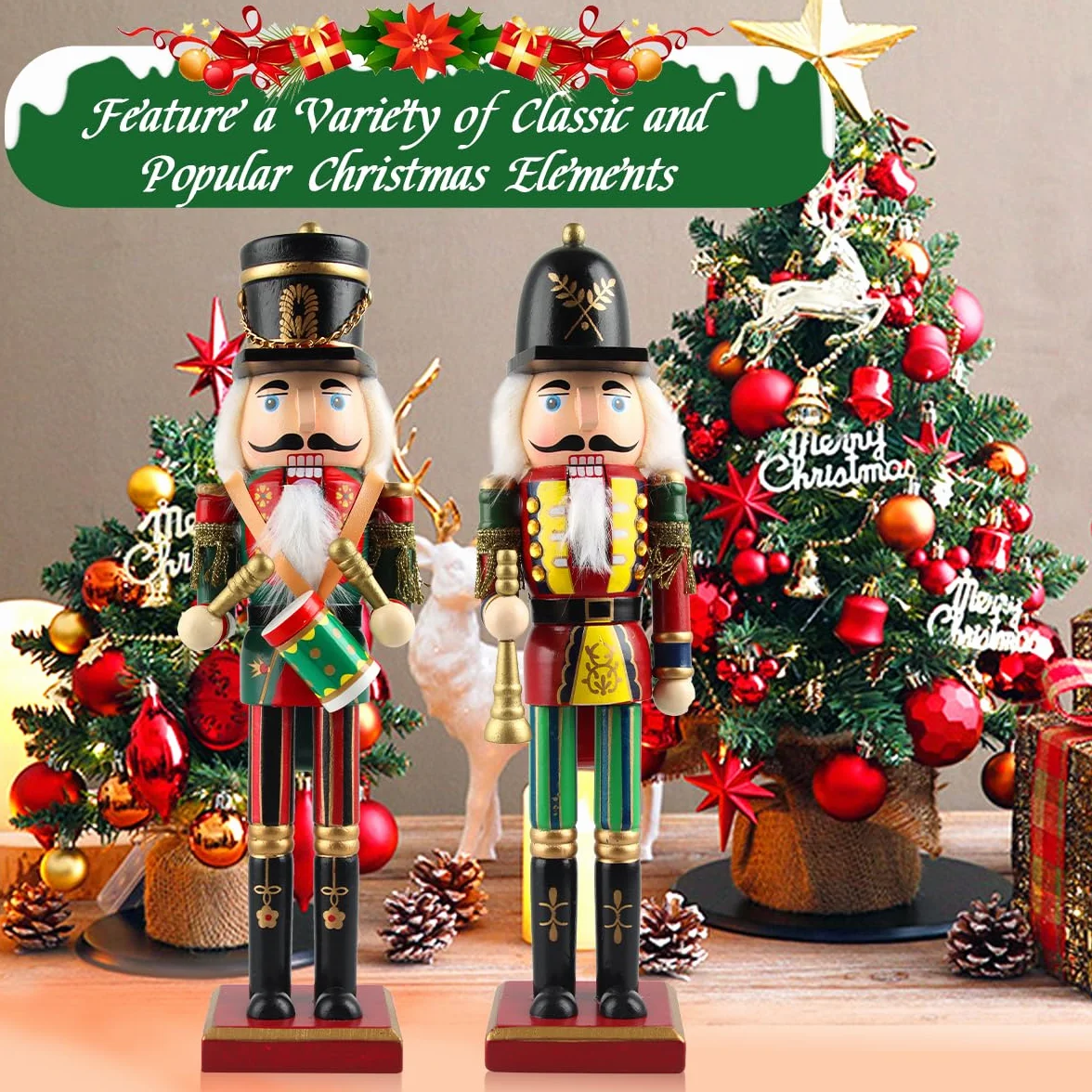 Nussknacker Figur, 2 Große Nussknacker Weihnachtsfiguren aus Holz, Soldat im Erzgebirge-Stil, Handbemalter Traditionelle Weihnachtsdeko(A)