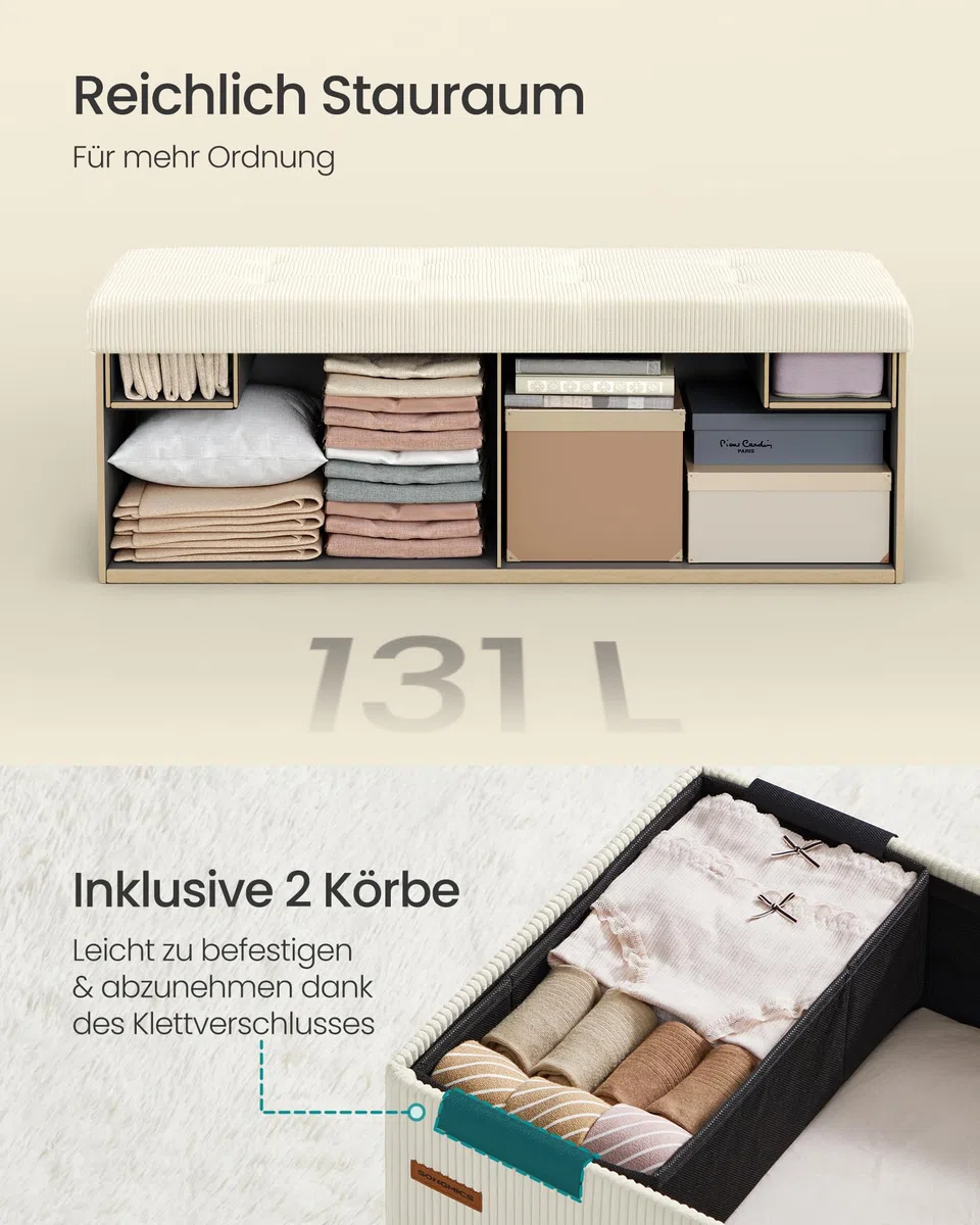 SONGMICS Sitzbank mit Stauraum, klappbare Fußbank, 38 x 110 x 38 cm, Bettbank, Aufbewahrungsbox, bis 300 kg belastbar, Wohnzimmer, Schlafzimmer, Eingangsbereich, cremeweiß LSF604W01