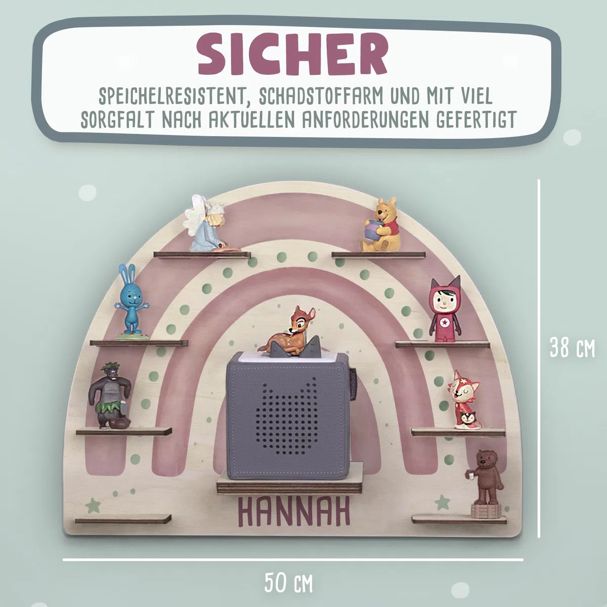 hellomini Personalisiertes Tonie Regal Mädchen - Toniebox 1 & Toniebox 2 Regal mit Wunschnamen fürs Kinderzimmer - Regal Mädchen - Kinder - Toniebox Aufbewahrung (Regenbogen Druck)