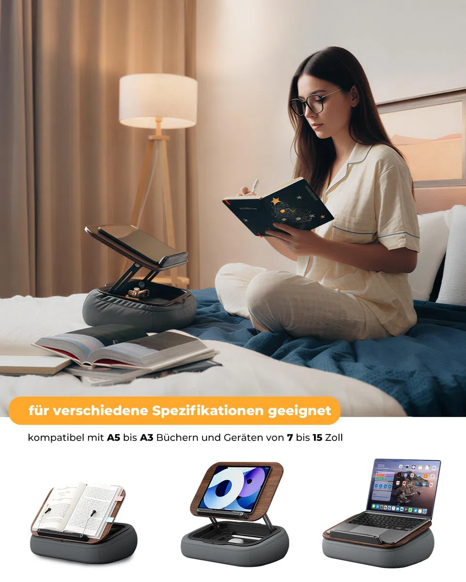 SupeDesk Buchständer zum lesen, verstellbarer Buchhalter Leseständer für Bett,Sofa,Schreibtisch, weicher Sitzsack Lesekissen mit Seitenclip & Stauraum,faltbar,freihändig,Essentials für Bücherliebhaber