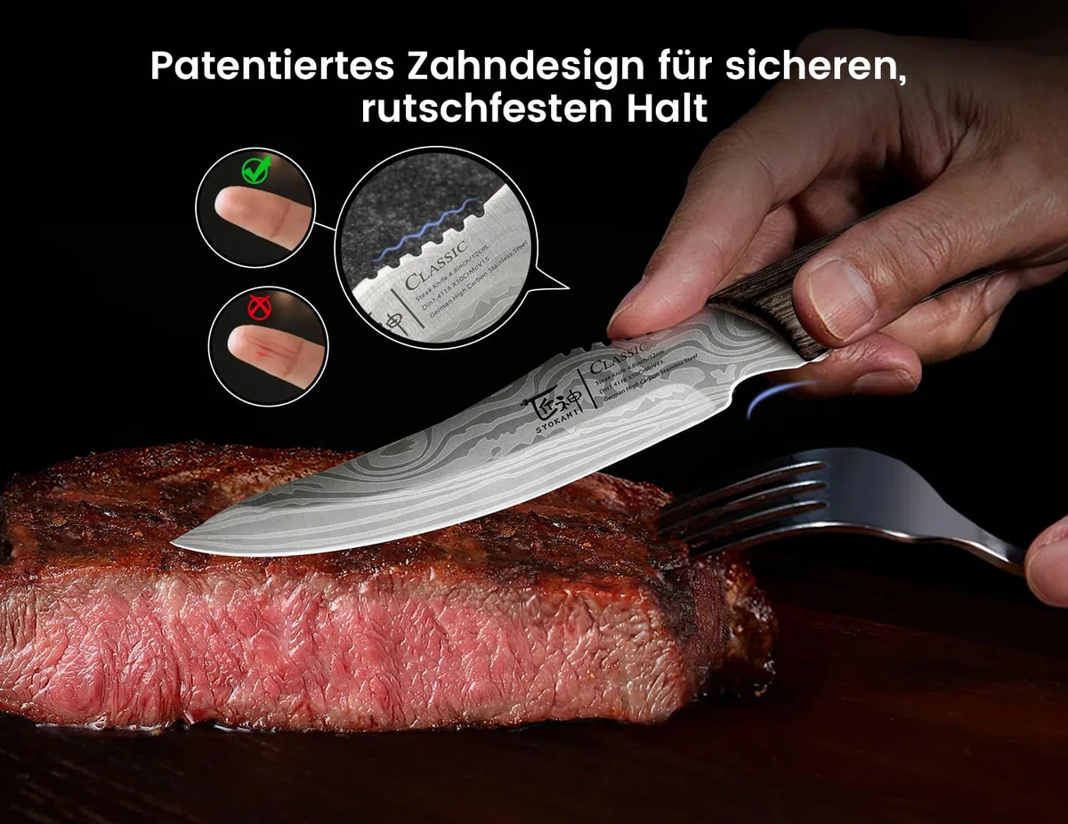 SYOKAMI Steakmesser Set 6 Teilig, 12,2cm Glattes Steakmesseraus japanischem Edelstahl mit hohem Kohlenstoffgehalt und Holzgriff, Damastmuster, Full-Tang-Design, Haarscharf