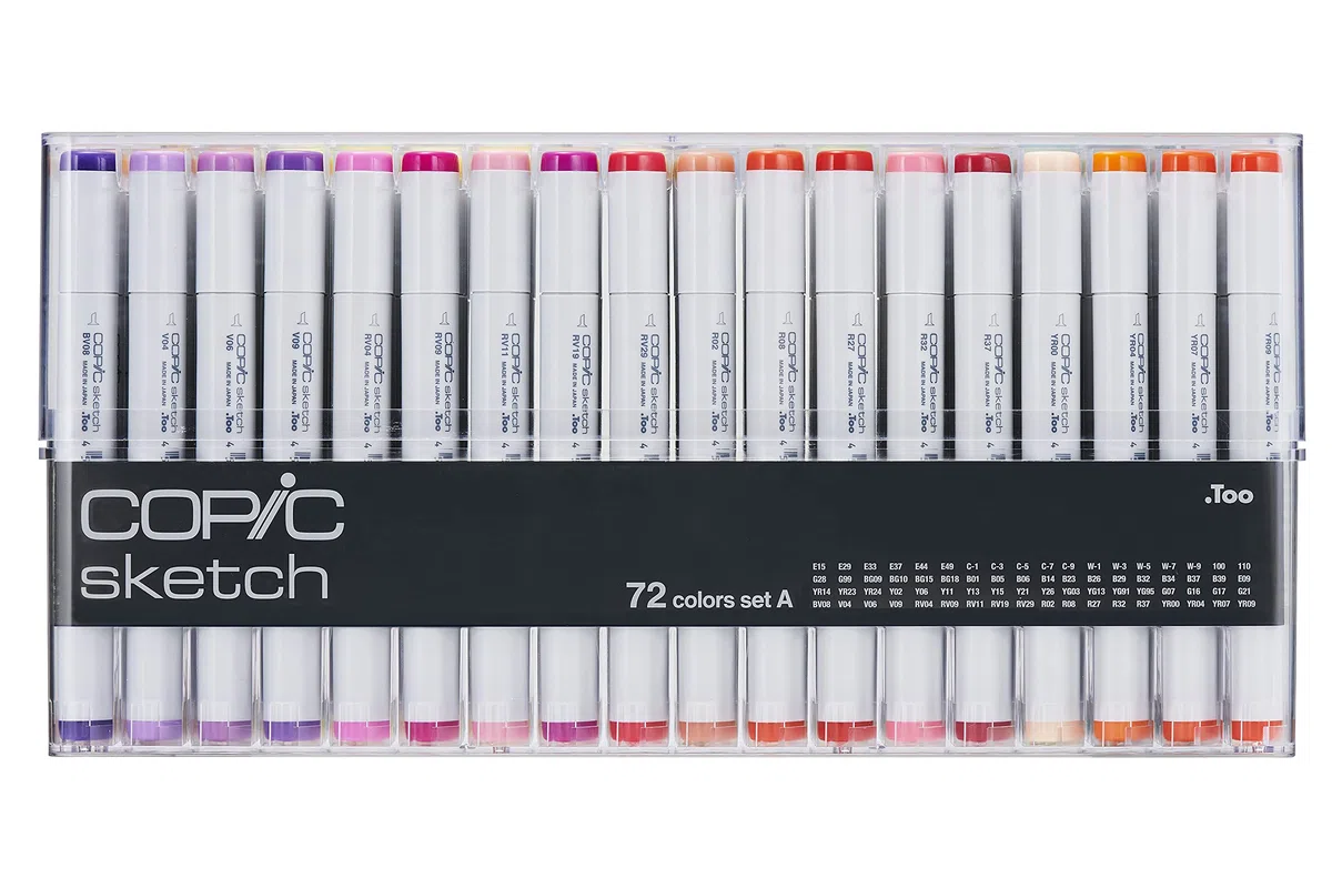 COPIC Sketch Set "72 Colors A", 72er Set im Acryl-Display, Twin Marker mit einer mittelbreiten und einer Brush-Spitze