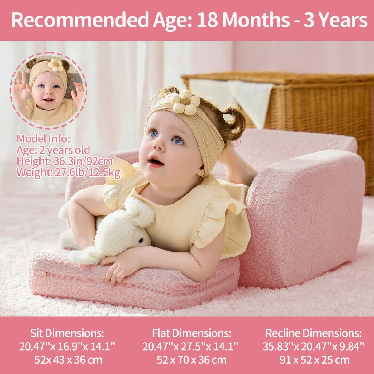 KidBloom 3 in 1 Kindersofa mit Schlaffunktion, Plüsch Kindersofa Ausklappbar, Ergonomischer Kindersessel ab 1 2 3 Jahr (Rosa)