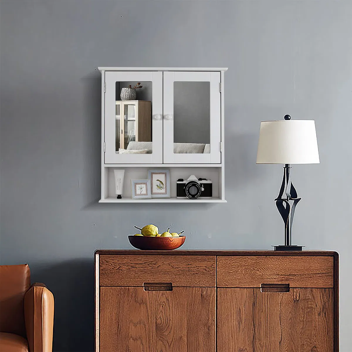Spiegelschrank, Badezimmerschrank,Spiegelschrank Bad,Badezimmerschrank Hängend Hängeschrank Bad,Badschrank mit 2 Spiegeltüren und offenem Fach,Hölzerner Bathroom Cabinet,13 x 56 x 58 cm,Weiß