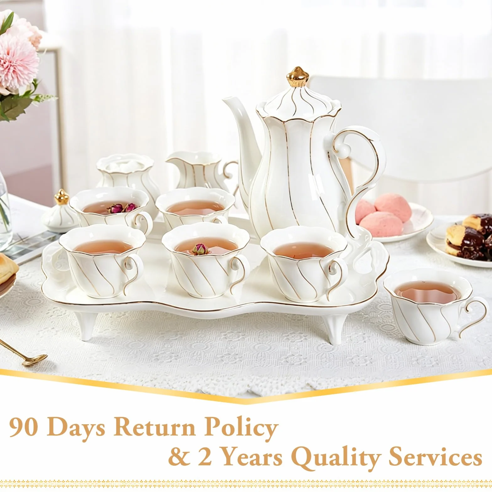 DUJUST 14 Teiliges Teeservice mit 6 Tabletts und -Löffeln, Luxuriöses Kaffeetassen-Set im Britischen Stil mit Goldenem Rand, Schönes Porzellan-Tee-Set, Tee-Party-Set, Geschenkpaket - Weiß