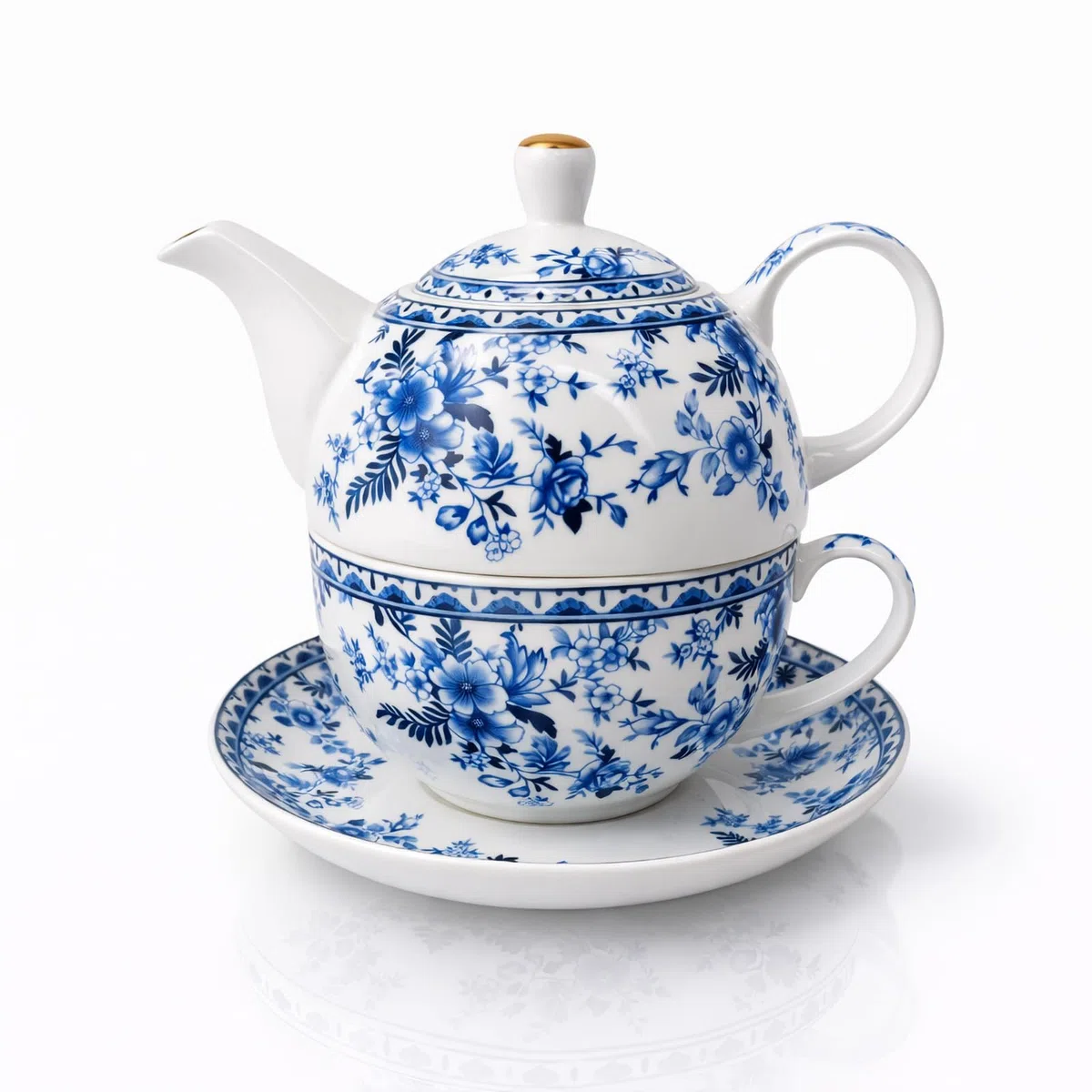 Porcelain Tea for One Set Beautiful Flower Ceramic Teapot with Cup Gifted Box (Blue and White)