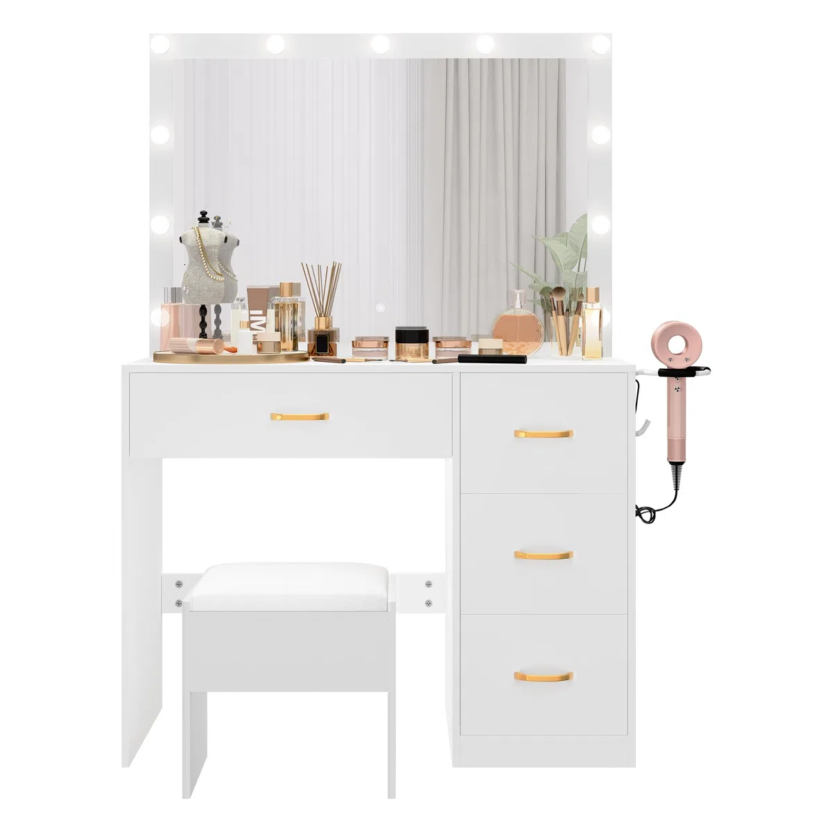 YITAHOME Schminktisch mit Spiegel, Kosmetiktisch mit 4 Schubladen, Frisiertisch mit Hocker, Beleuchtung, Steckdose, Weiß (Make Up Tisch, Frisiertisch, Kosmetiktisch, Vanity Table)