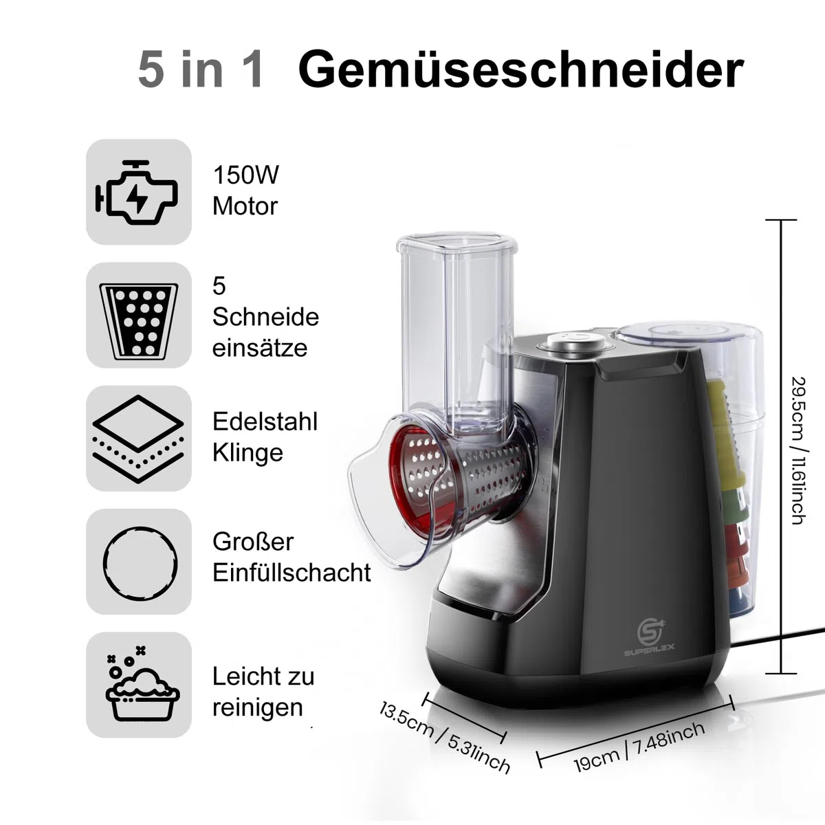 Gemüseschneider Elektrisch 5-in-1 Gemüsehobel mit 5 Austauschbaren Trommelklingen Elektrische Reibe und Zerkleinerer für Obst Gemüse Käse Obst Nüsse Karotten Ein Klick Bedienung Reibe Küche