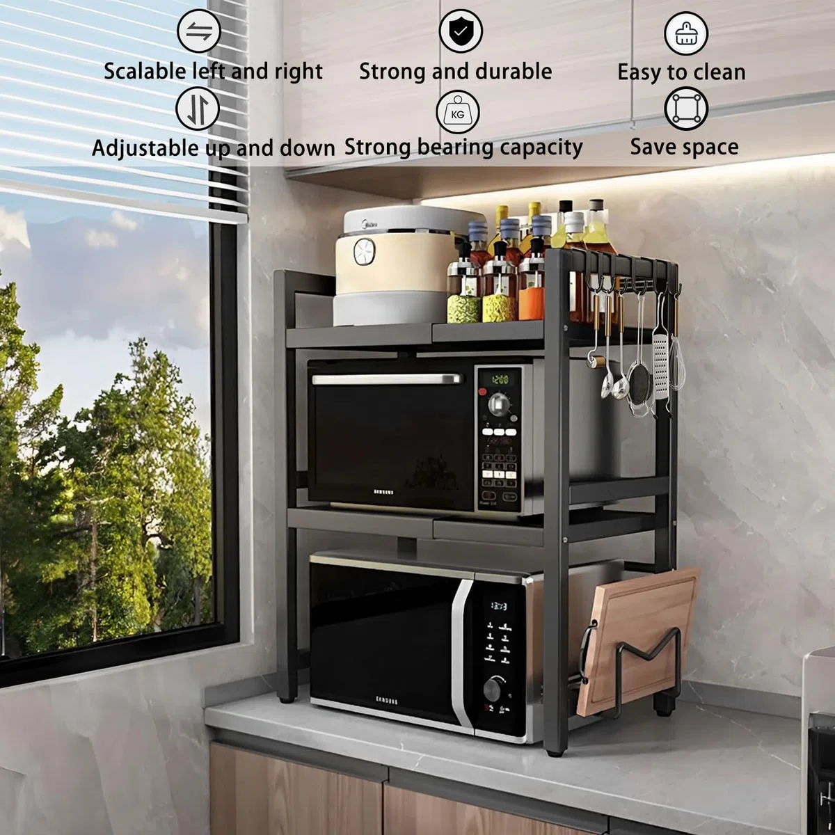 devesanter Mikrowellen Regal 3-Stufiges Ausziehbar arbeitsplatte Bäckerregale mit 6 Haken,Küchenregal Gewürzregal Mikrowellenschrank Organizer für Küchen Schwarz Ausziehbar von 40-64cm