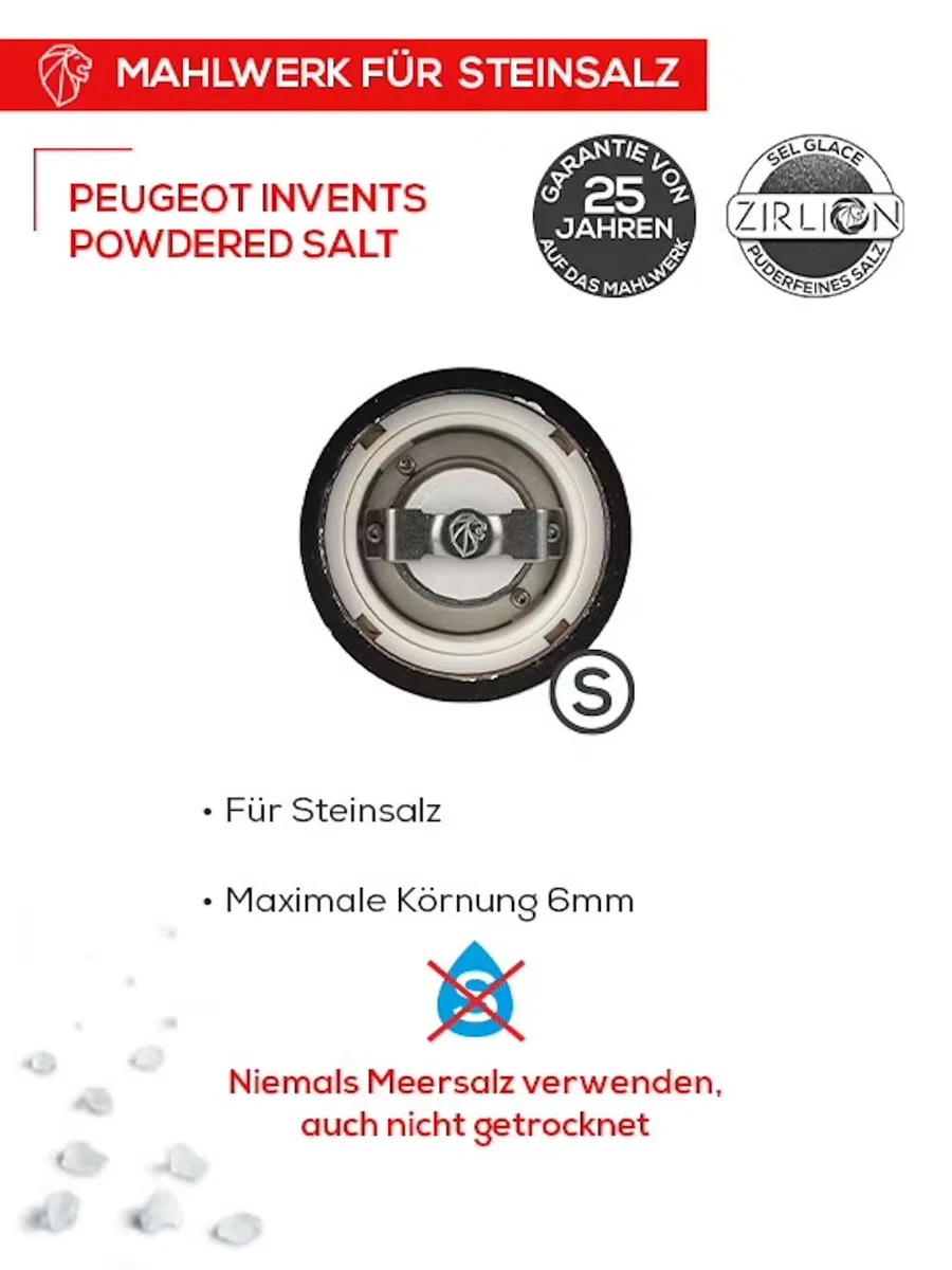 PEUGEOT - Salzmühle Paris u‘Select 18 cm - 6 voreingestellte Mahlgrade - Innovatives Zirlion-Mahlwerk für pulverfeines Salz - Aus PEFC-zertifiziertem Holz - Französisches Know-how - Naturfarben