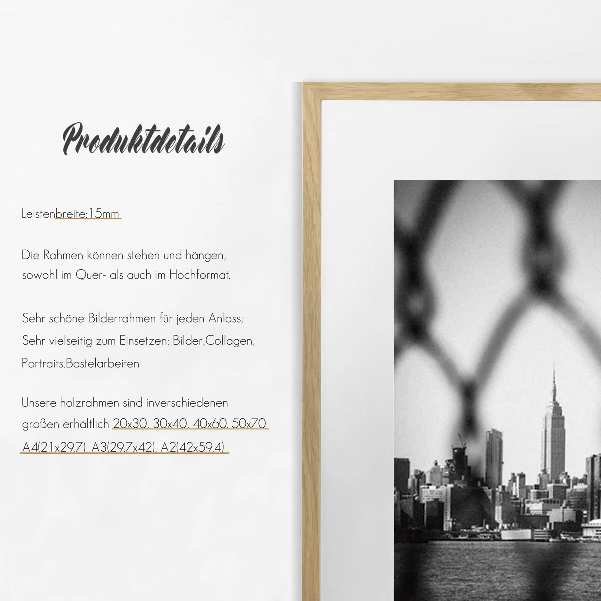 VUVUZULA Bilderrahmen 50x70cm Eiche 3er Set Fotorahmen Holzrahmen Rahmen Natur mit Passepartout Posterrahmen