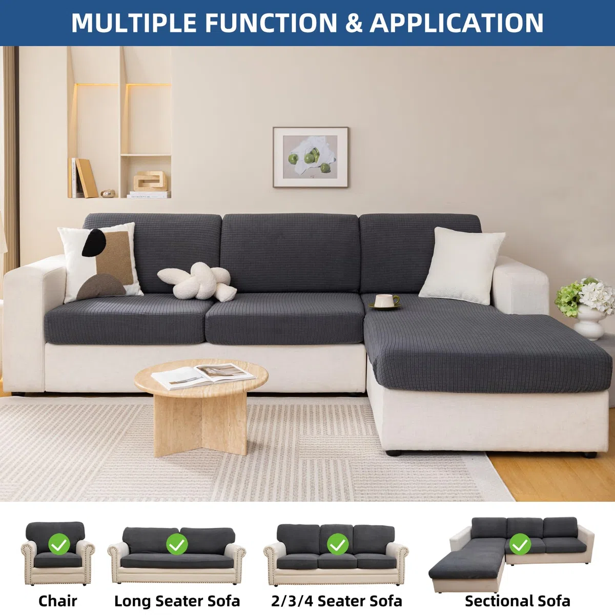 Eismodra Sofabezug L Form,Sofa Überzug 3 Sitzer,Stretch Sitzkissenbezug,Couch Überwurfdecke Sofaschoner Sofaüberwurf,Elastischer Bezug Cover für L-Form,Dunkelgrau,Chaiselongue(1 Stück)