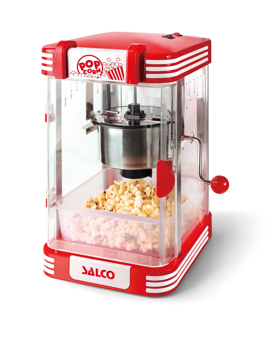 SALCO Retro-Popcornmaker – Popcornmaschine im 50er Jahre Kino-Stil, 300 W, Kessel mit Antihaft-Beschichtung, eingebautes Rührsystem, inkl. Popcornschale & Messlöffel, Beleuchtung im Auffangbehälter