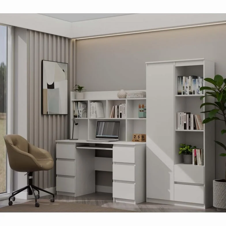 CDF Schreibtisch mit Aufsatz Computertisch 6 Schubladen Tastaturauszug Arbeitstisch Regal Bürotisch Modernes Design Home Office 130 x 51 x 146 cm - Weiß