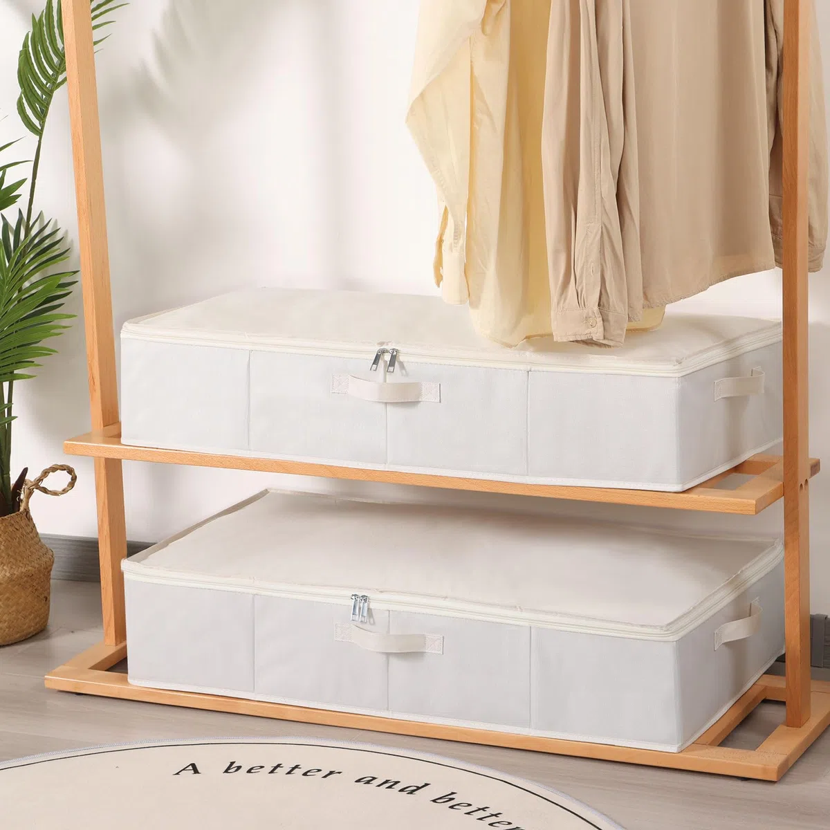 2 Stück Unterbettbox, Unterbett Aufbewahrungsbox mit deckel, Faltbare Stoffboxen mit Verstärktem Griff und Reißverschluss für Bettdecken Decken Kleidung, Beige, 80x40x15cm